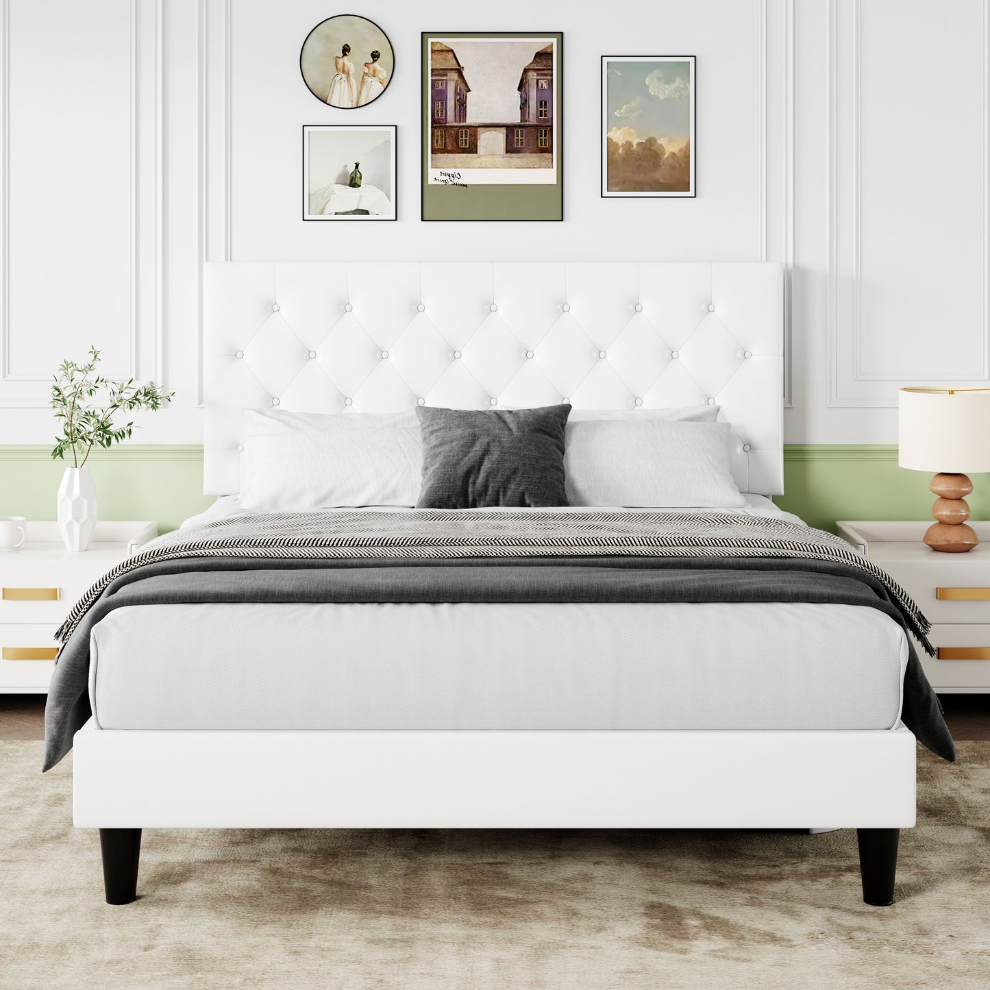 Sifurni Faux Leather Upholstered Platform Bed Frame with Adjustable Diamond-Tufted Headboard