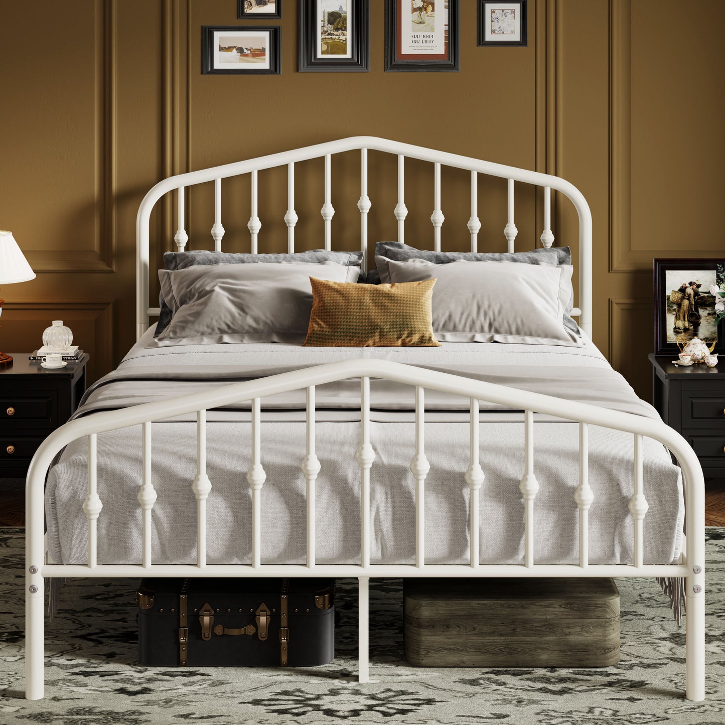 Sifurni Metal Platform Bed Frame with Vintage Victorian Headboard & Footboard
