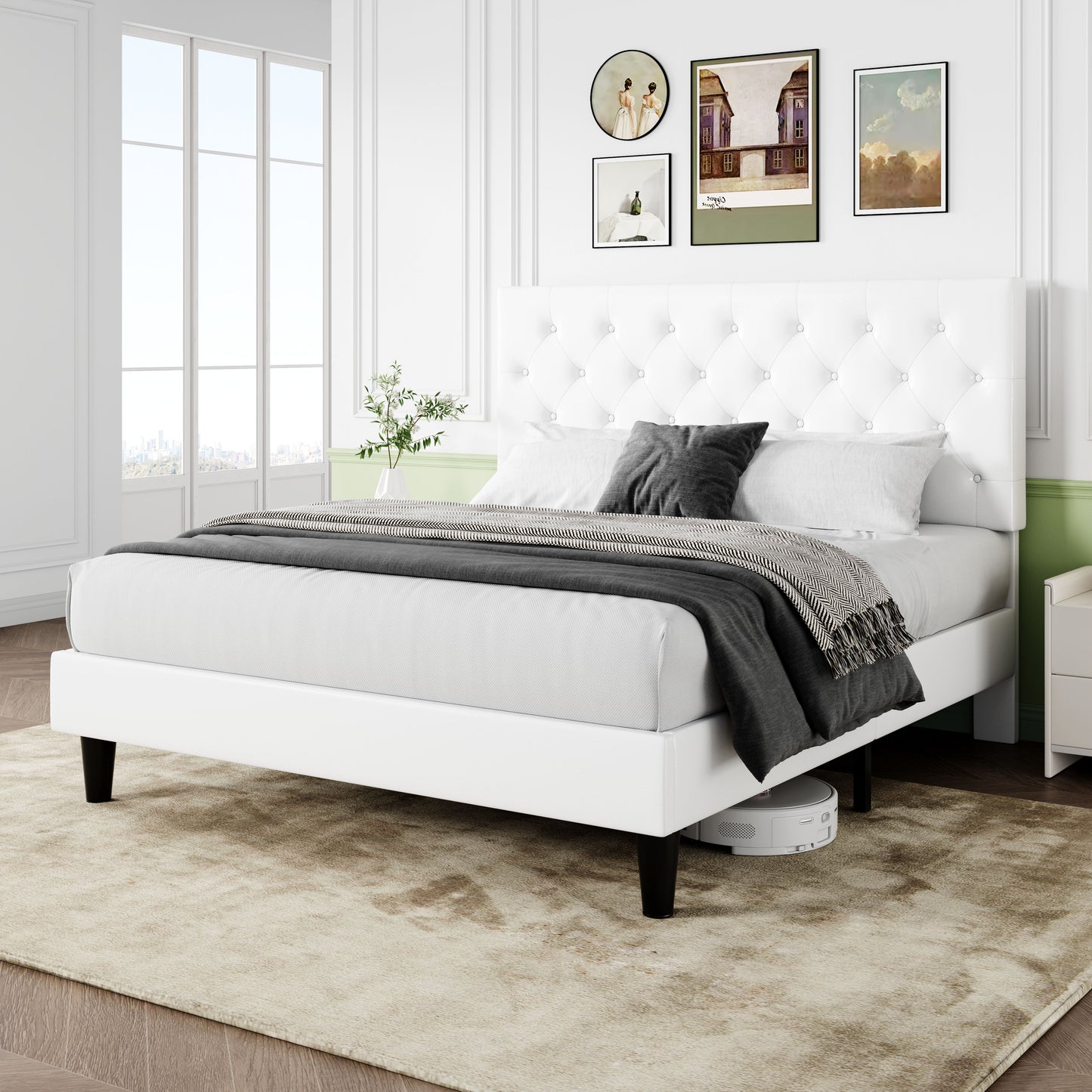 Sifurni Faux Leather Upholstered Platform Bed Frame with Adjustable Diamond-Tufted Headboard