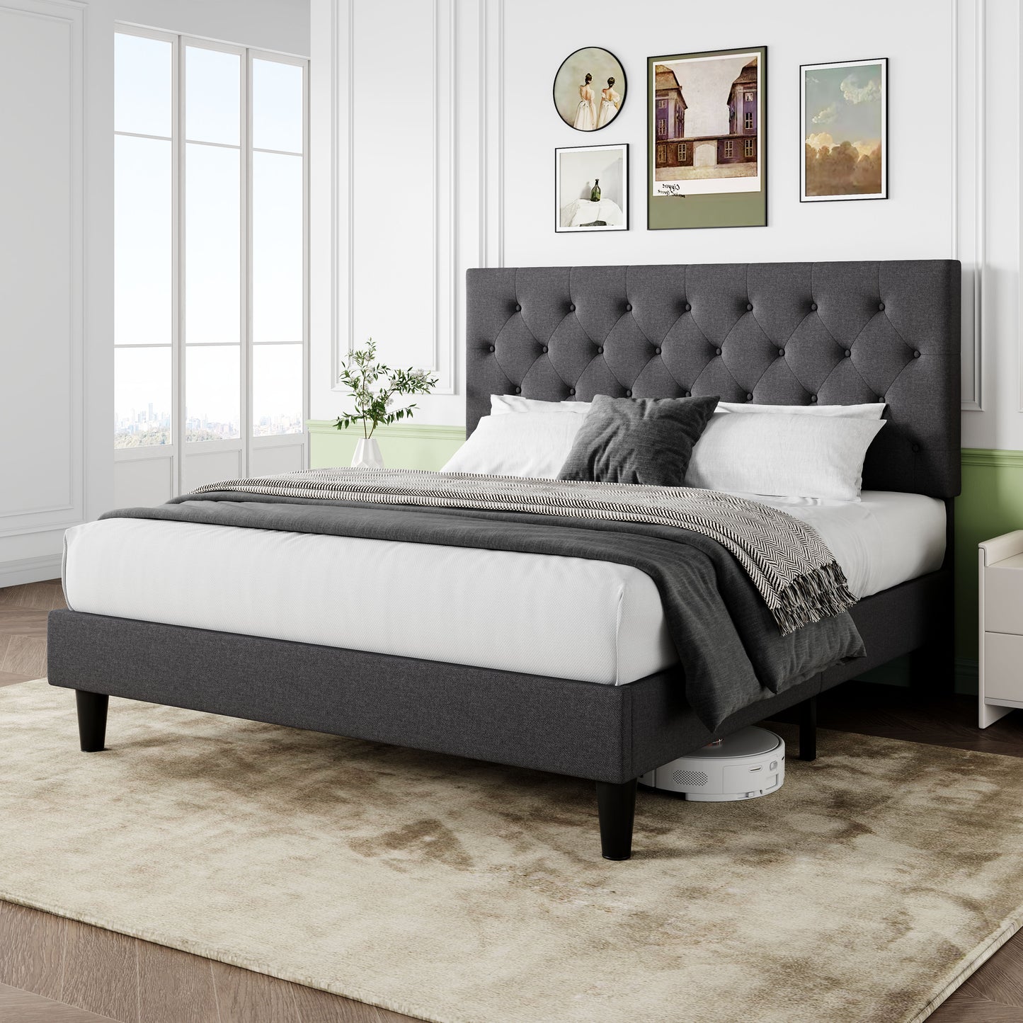 Sifurni Faux Leather Upholstered Platform Bed Frame with Adjustable Diamond-Tufted Headboard