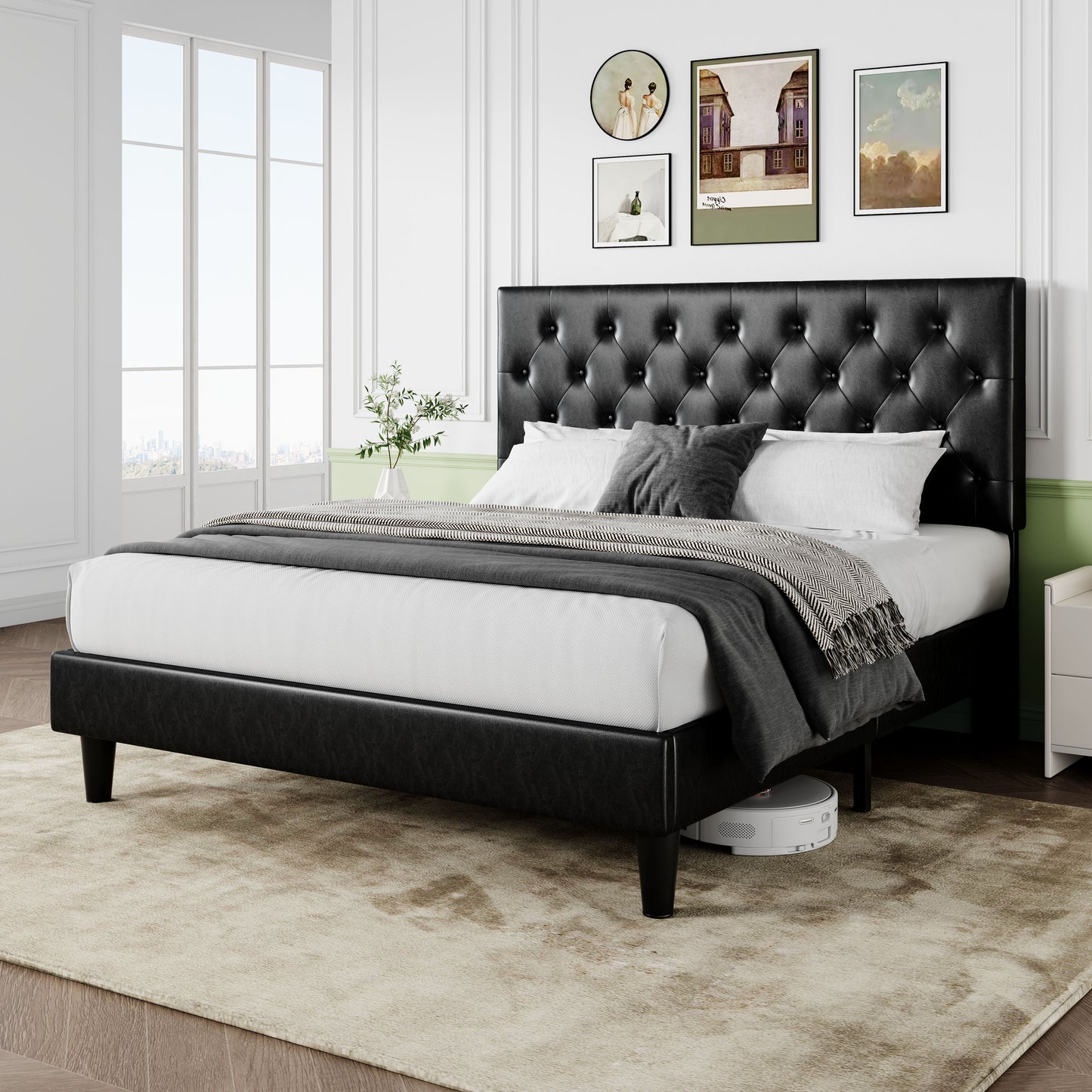 Sifurni Faux Leather Upholstered Platform Bed Frame with Adjustable Diamond-Tufted Headboard