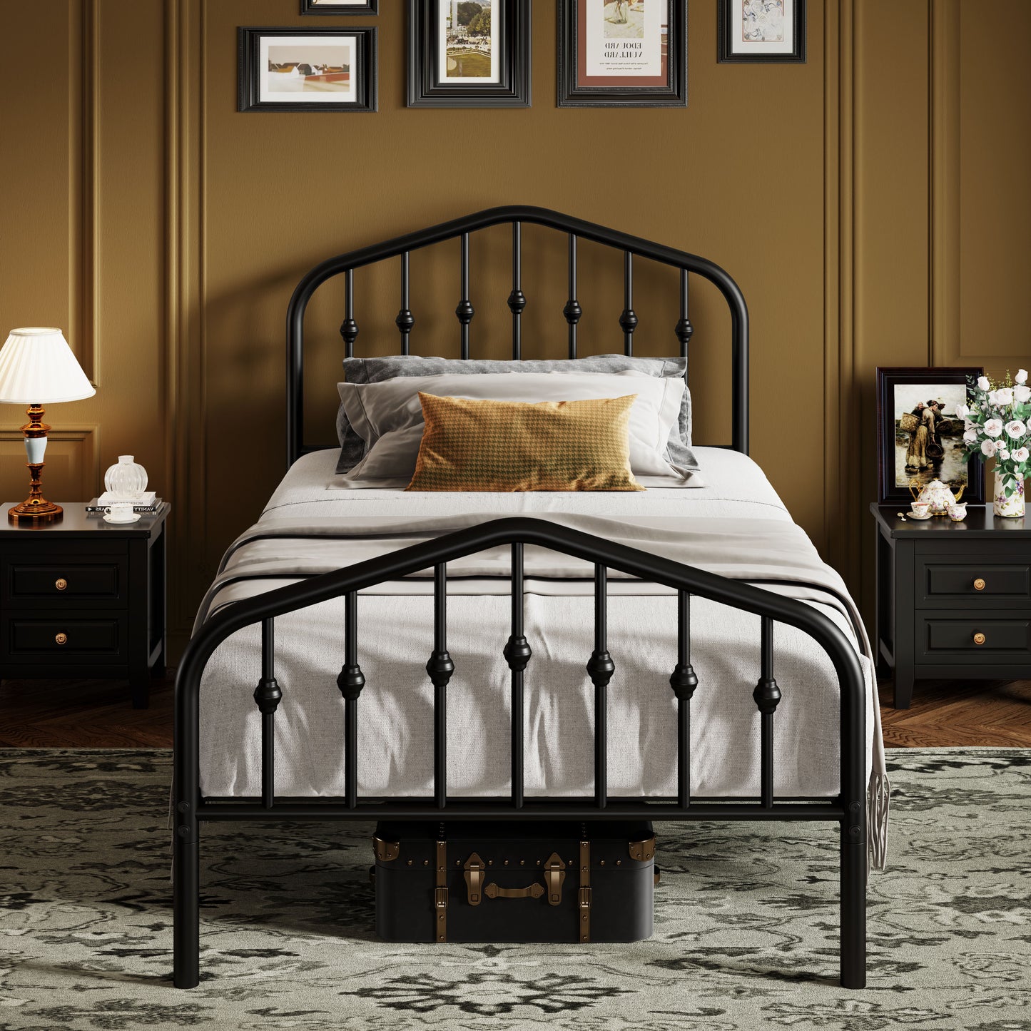 Sifurni Metal Platform Bed Frame with Vintage Victorian Headboard & Footboard
