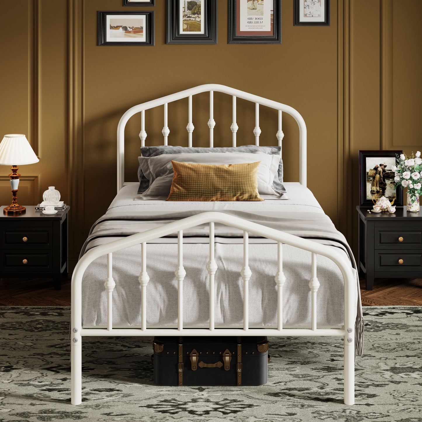 Sifurni Metal Platform Bed Frame with Vintage Victorian Headboard & Footboard