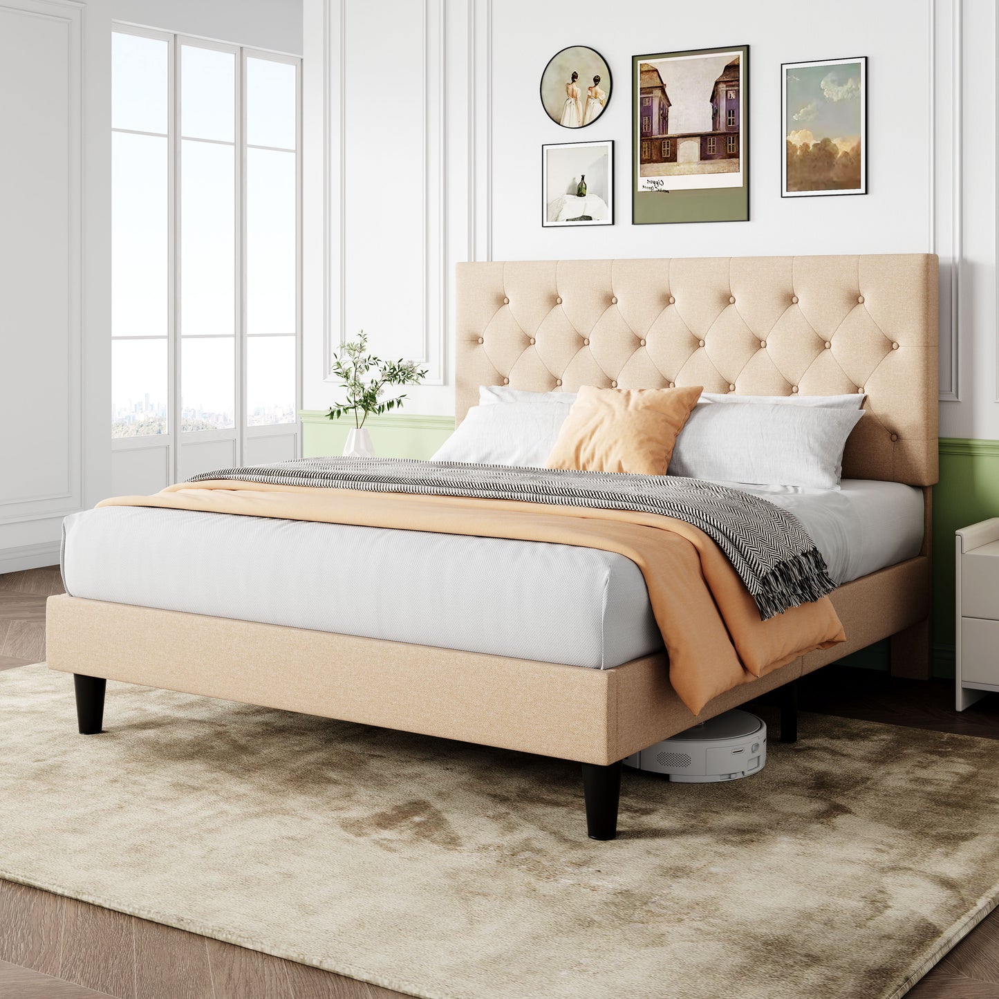 Sifurni Faux Leather Upholstered Platform Bed Frame with Adjustable Diamond-Tufted Headboard