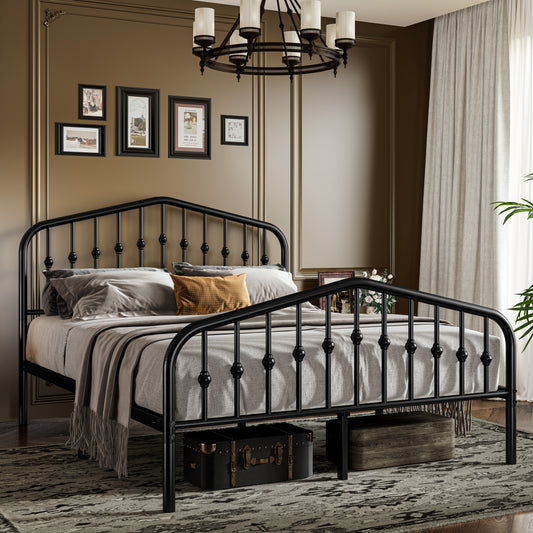 Sifurni Black Metal Platform Bed Frame with Vintage Victorian Headboard & Footboard