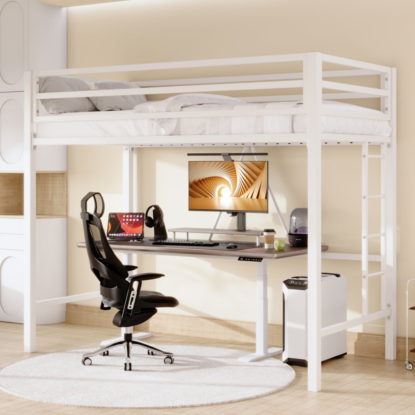 Sifurni Heavy Duty Twin Size Metal Loft Bed with Full-Length Guardrail & Removable Stairs