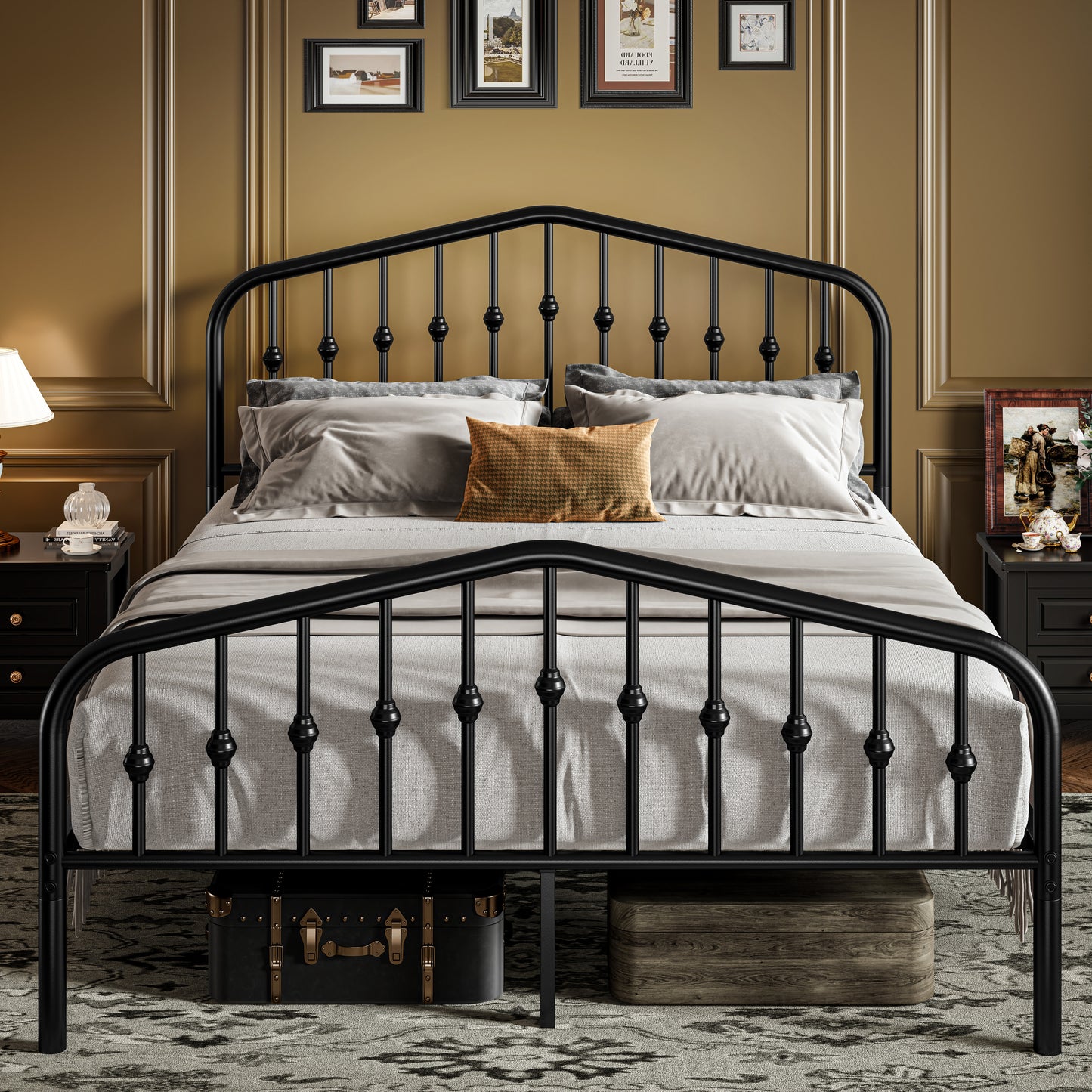 Sifurni Metal Platform Bed Frame with Vintage Victorian Headboard & Footboard