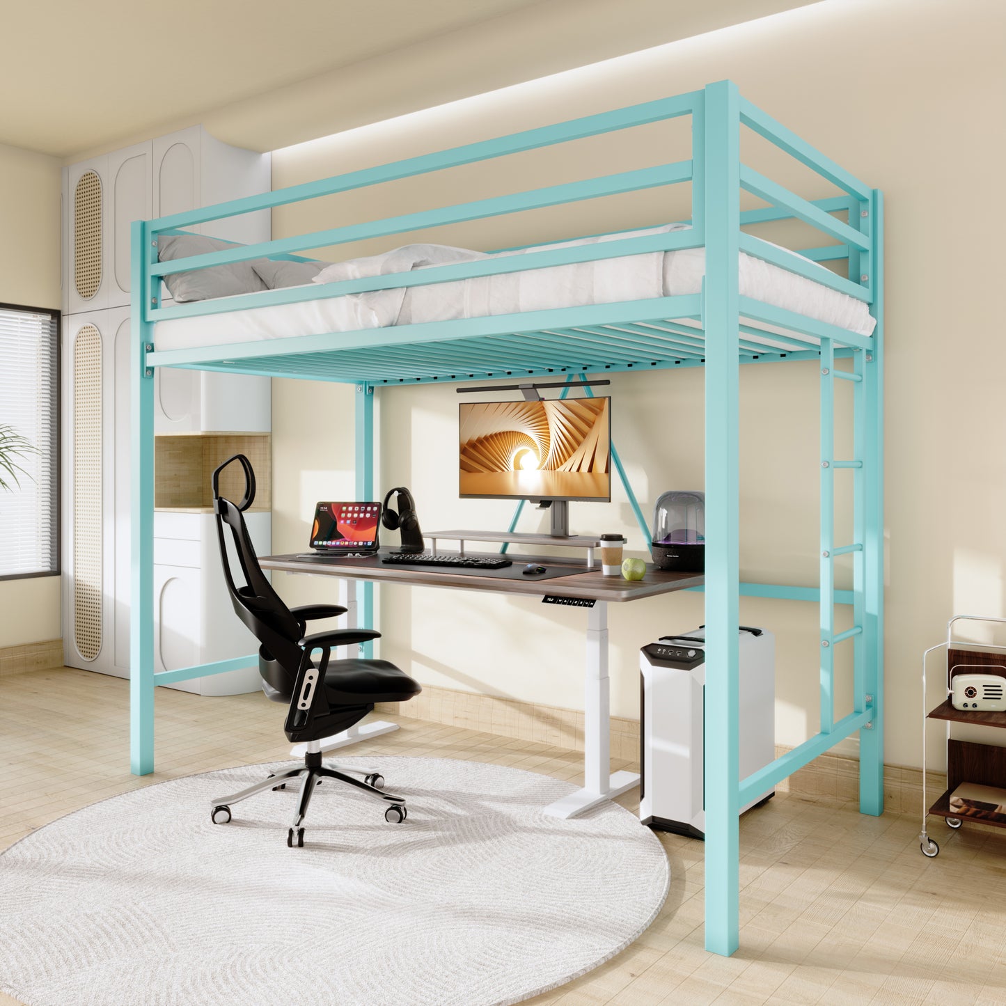 Sifurni Heavy Duty Twin Size Metal Loft Bed with Full-Length Guardrail & Removable Stairs