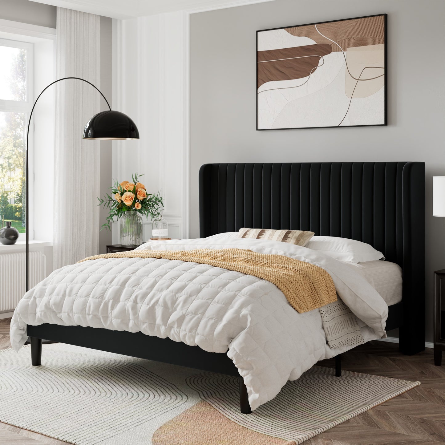 Sifurni Velvet Platform Bed Frame with Vertical Channel Tufted Wingback Headboard