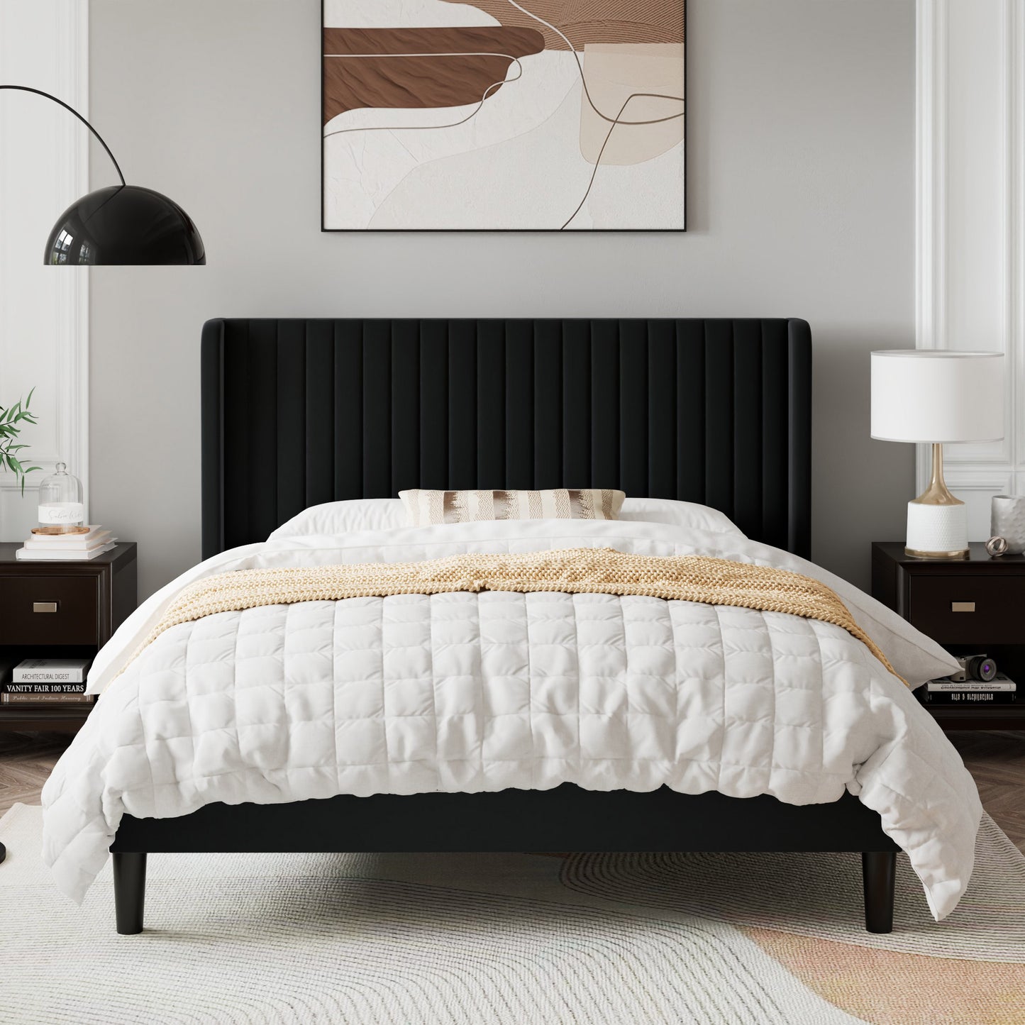 Sifurni Velvet Platform Bed Frame with Vertical Channel Tufted Wingback Headboard