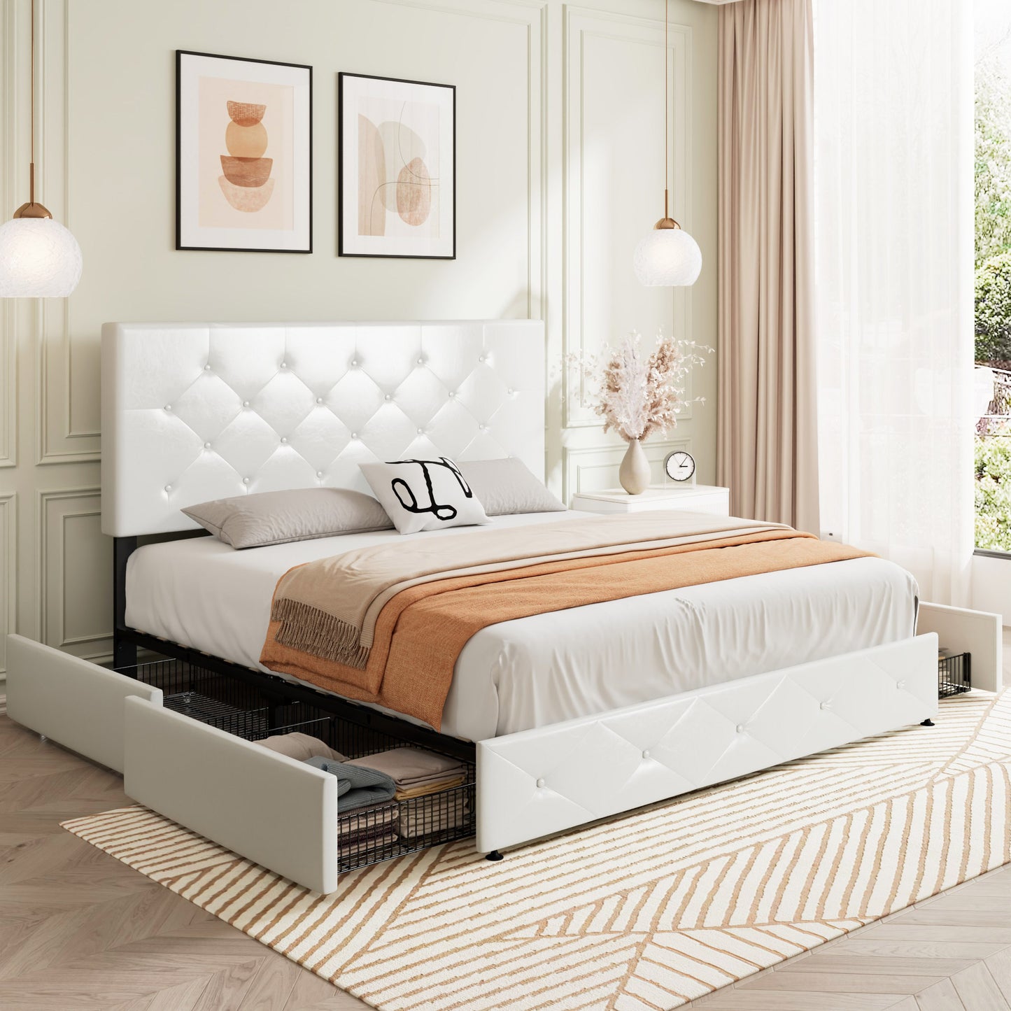 Sifurni Faux Leather Upholstered Platform Bed Frame with 4 Drawers, Adjustable Headboard