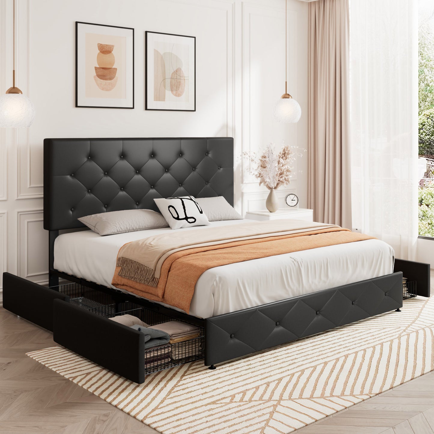 Sifurni Faux Leather Upholstered Platform Bed Frame with 4 Drawers, Adjustable Headboard