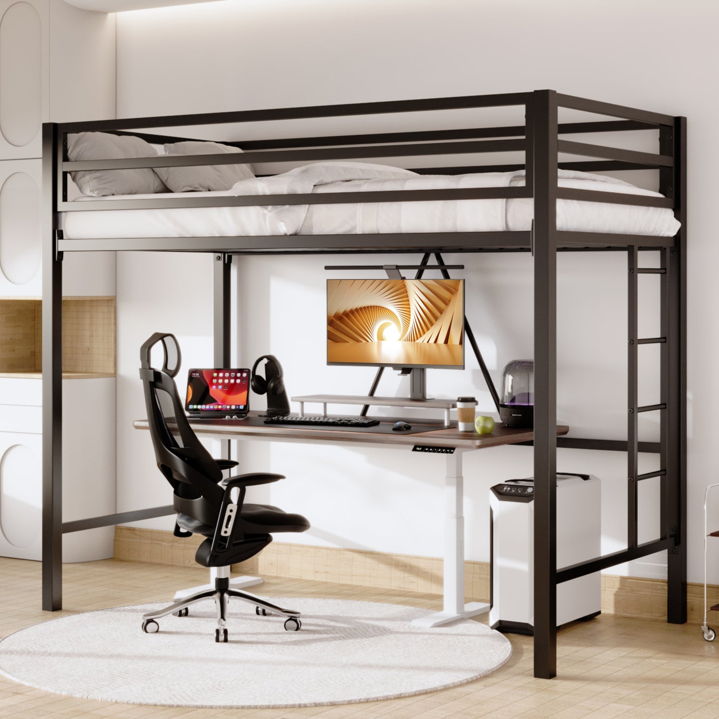 Sifurni Heavy Duty Twin Size Metal Loft Bed with Full-Length Guardrail & Removable Stairs