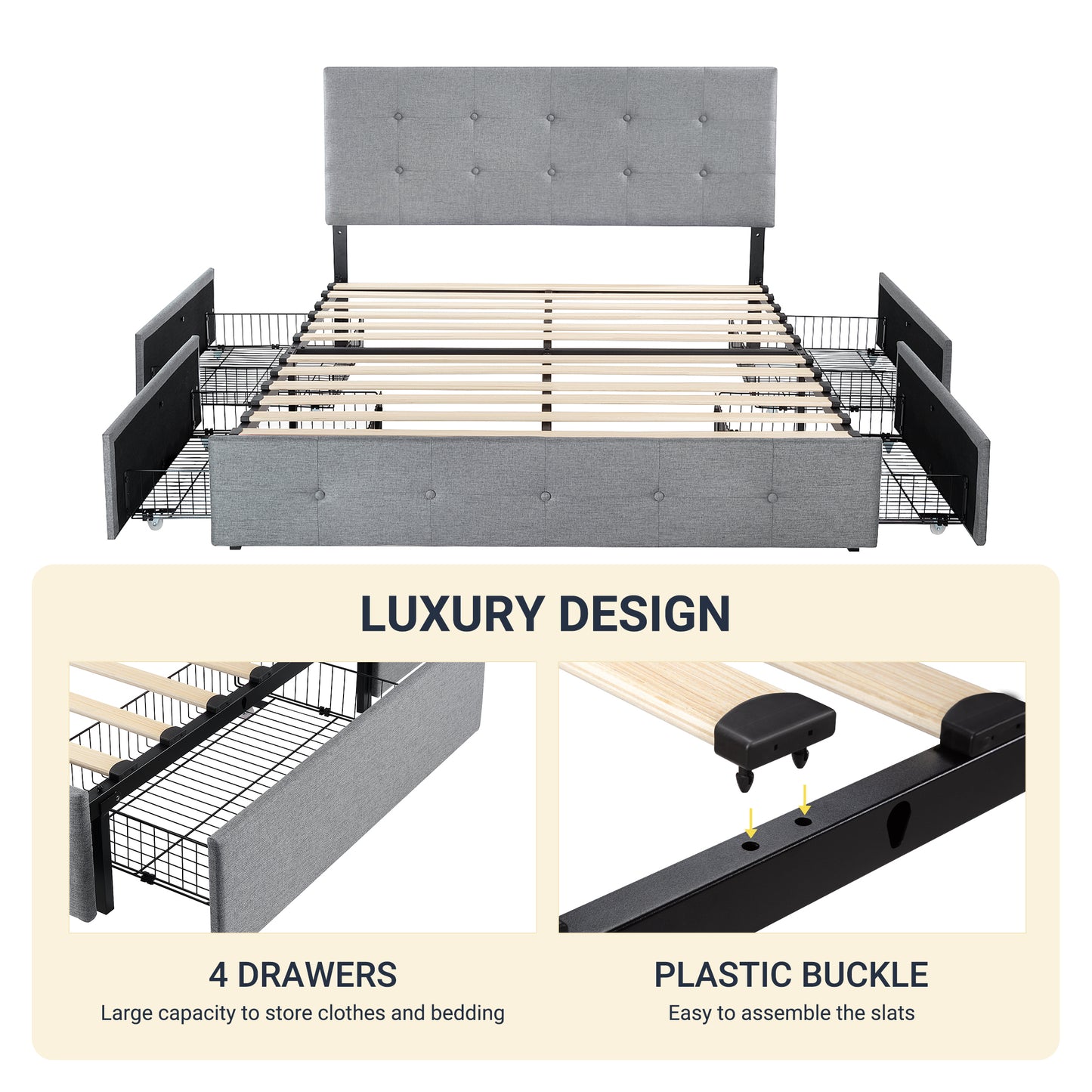 Sifurni Linen Fabric Upholstered Platform Bed Frame with 4 Drawers Storage and Adjustable Headboard