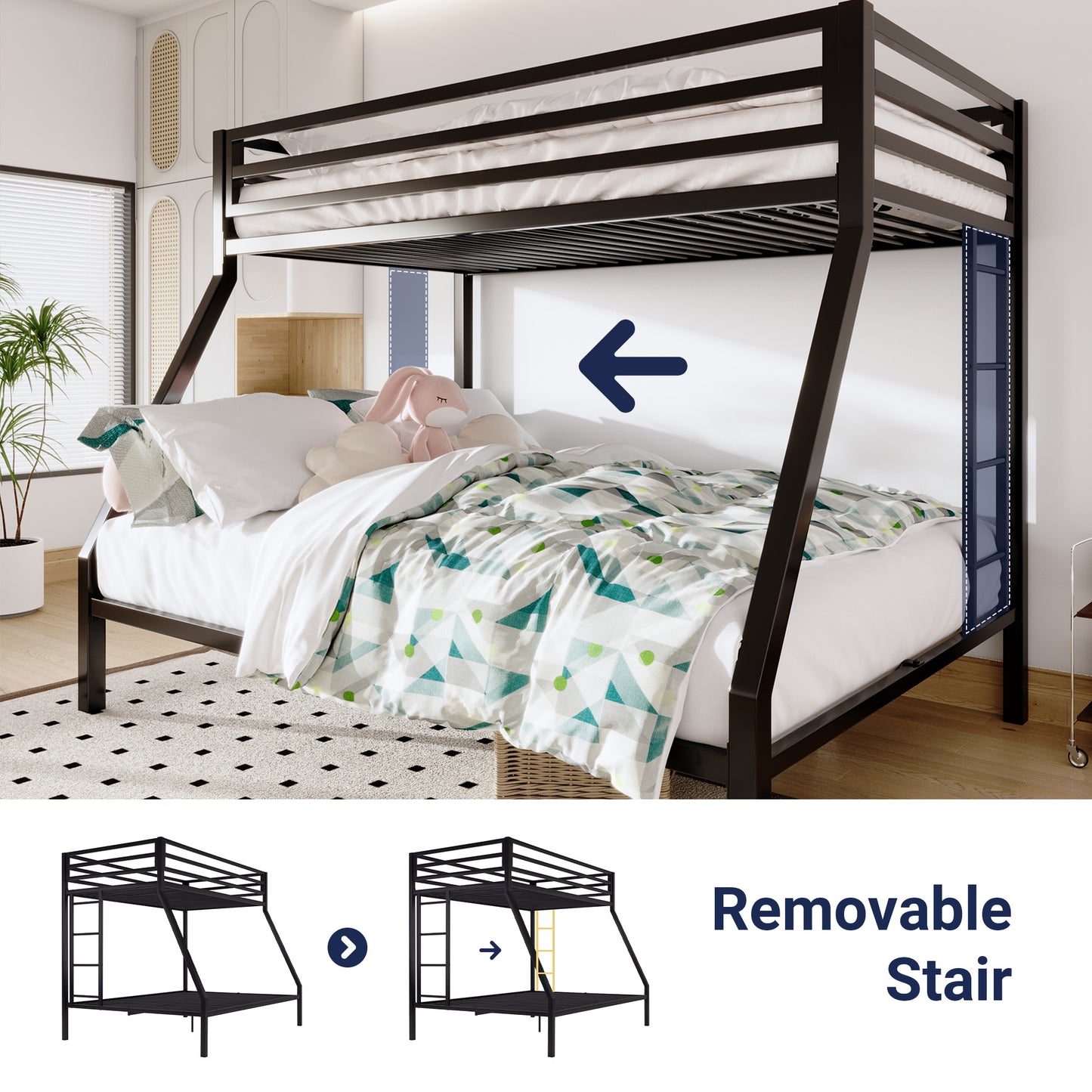 Sifurni Twin Over Full Metal Bunk Bed with Removable Stairs & Full-Length Guardrail