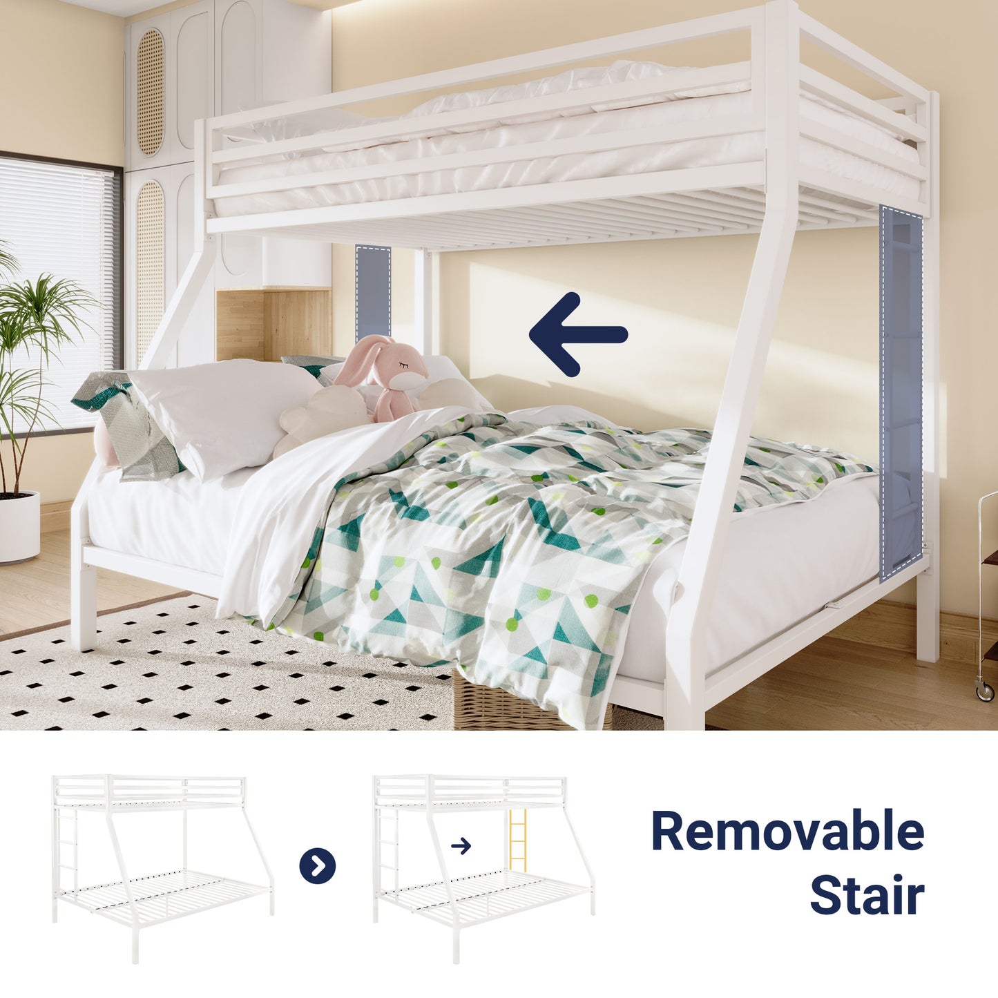 Sifurni Twin Over Full Metal Bunk Bed with Removable Stairs & Full-Length Guardrail