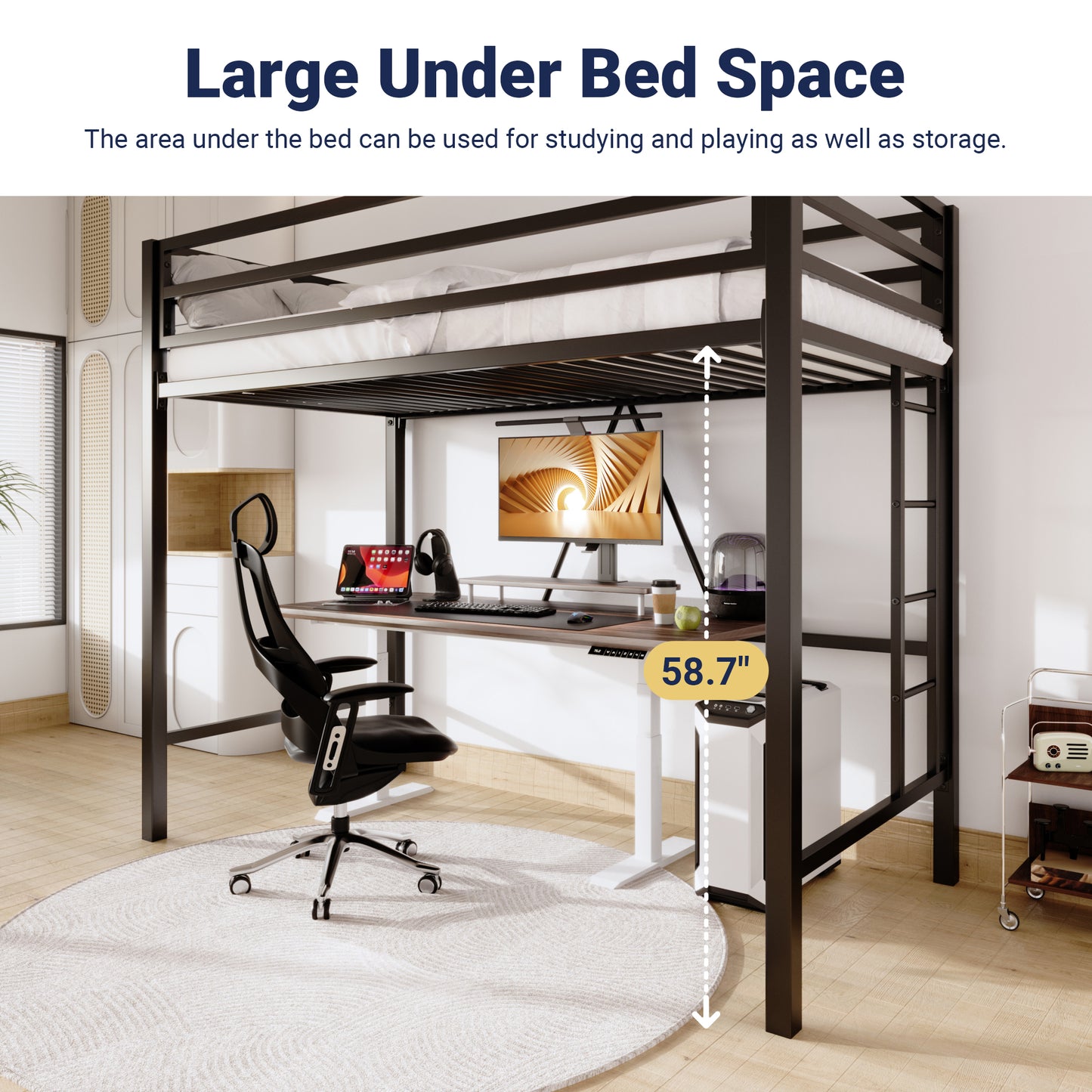 Sifurni Heavy Duty Twin Size Metal Loft Bed with Full-Length Guardrail & Removable Stairs