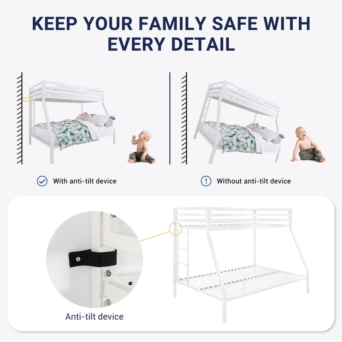 Sifurni Twin Over Full Metal Bunk Bed with Removable Stairs & Full-Length Guardrail