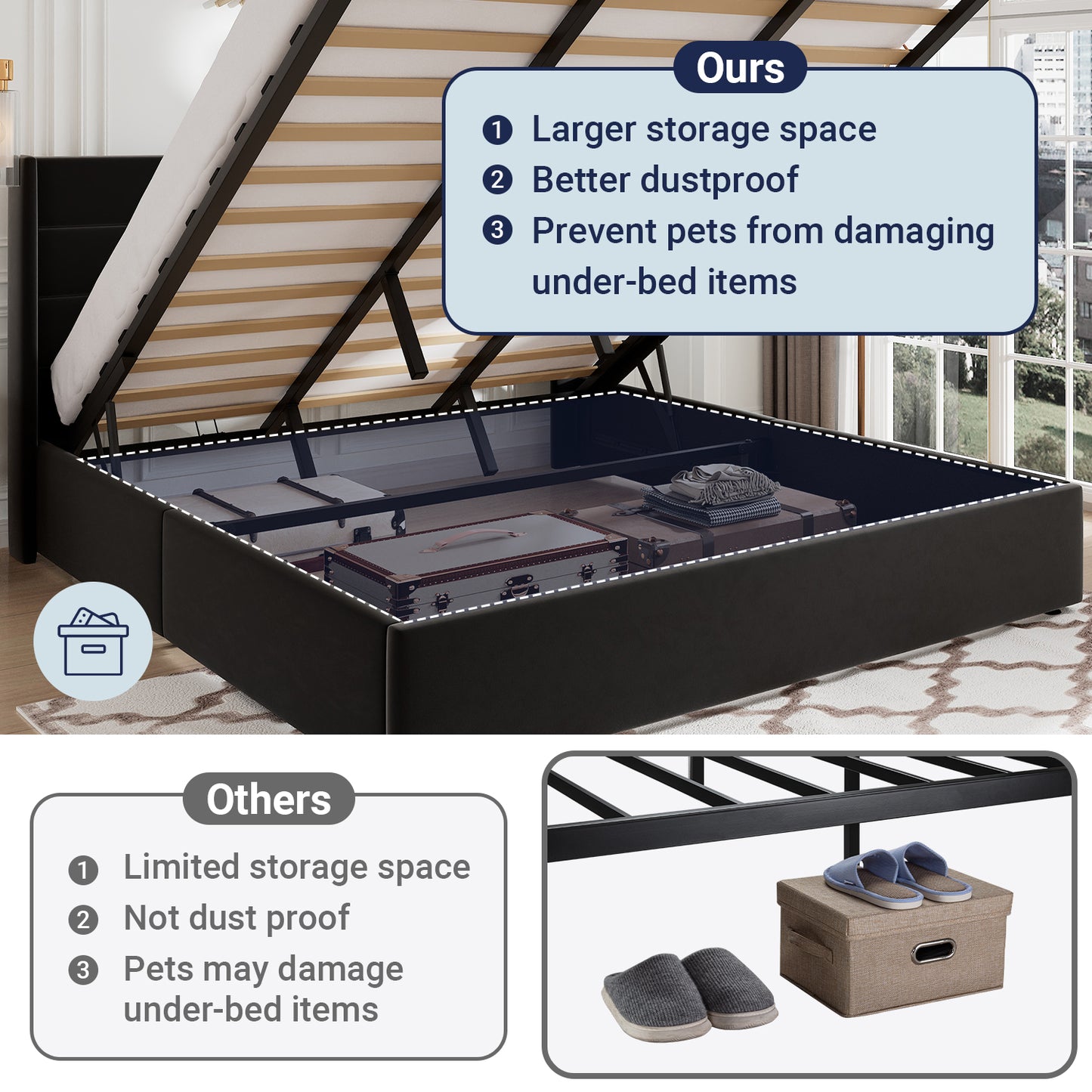 Sifurni Velvet Lift up Hydraulic Storage Platform Bed Frame with Panel Upholstered Wingback Headboard