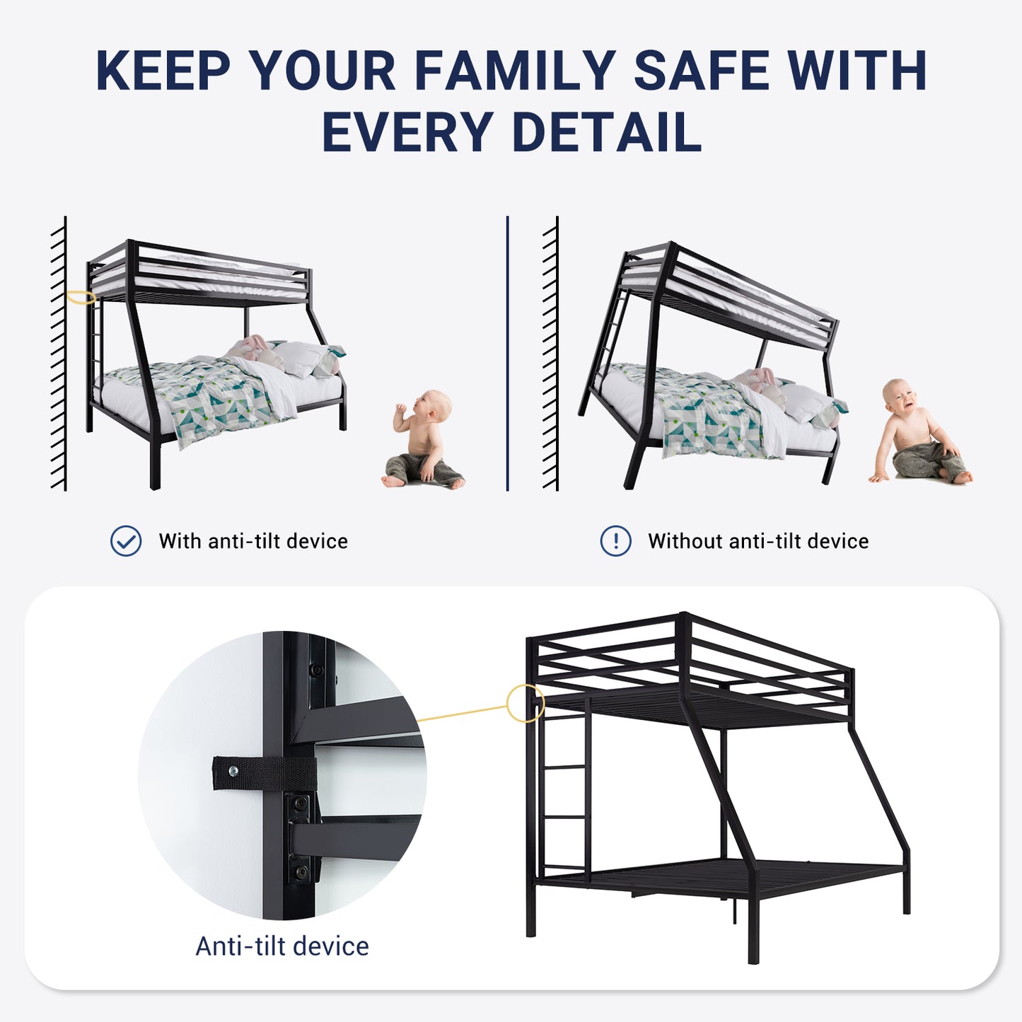 Sifurni Twin Over Full Metal Bunk Bed with Removable Stairs & Full-Length Guardrail