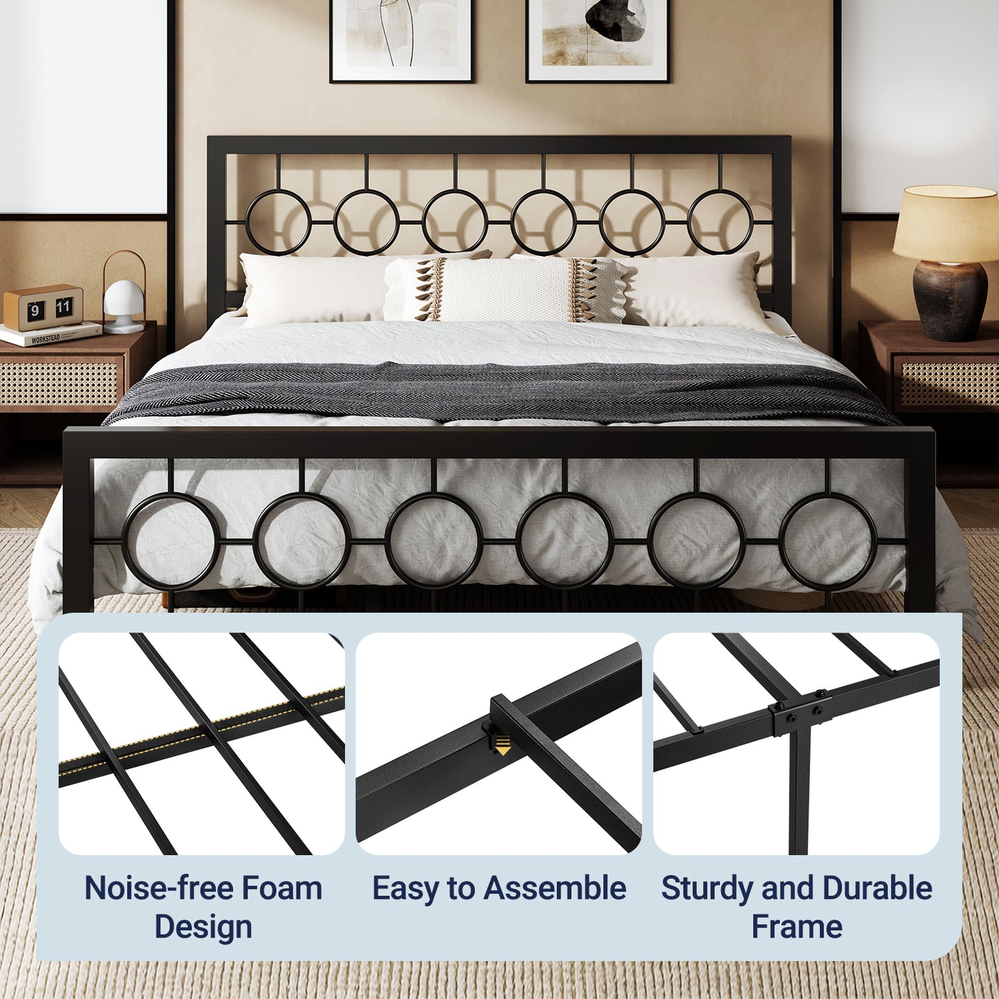 Sifurni Metal Platform Bed Frame with Modern & Vintage Headboard and Footboard, Black