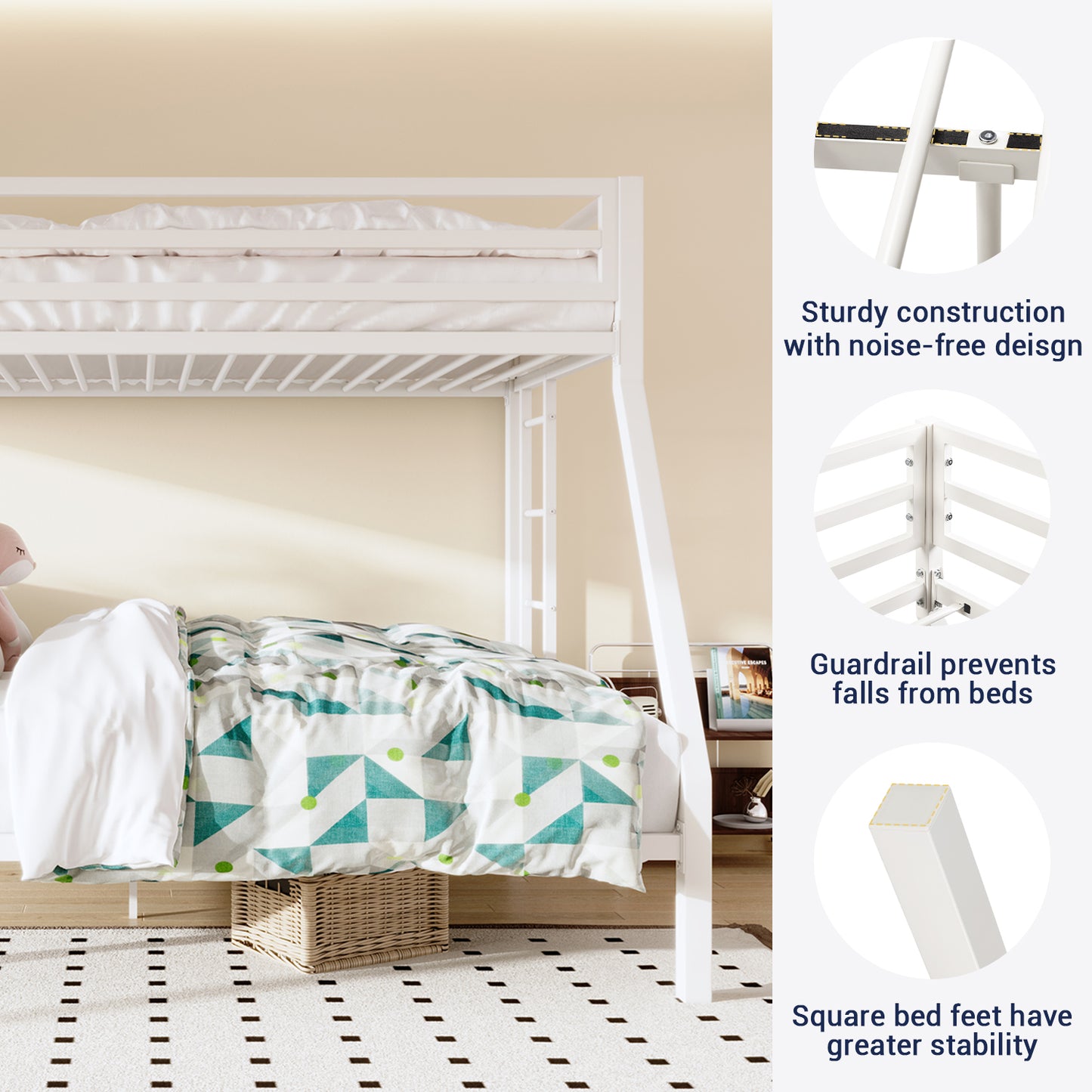 Sifurni Twin Over Full Metal Bunk Bed with Removable Stairs & Full-Length Guardrail