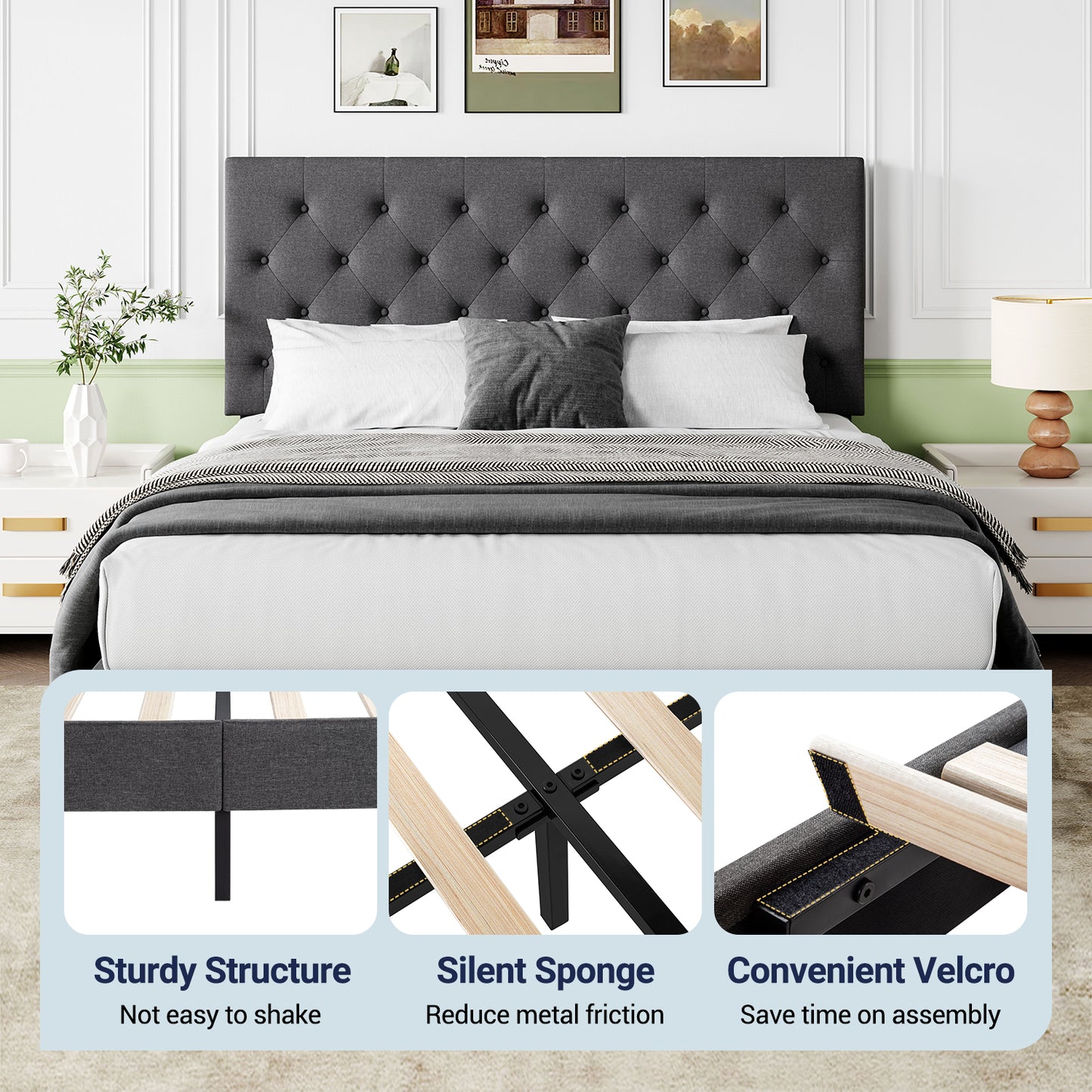 Sifurni Faux Leather Upholstered Platform Bed Frame with Adjustable Diamond-Tufted Headboard