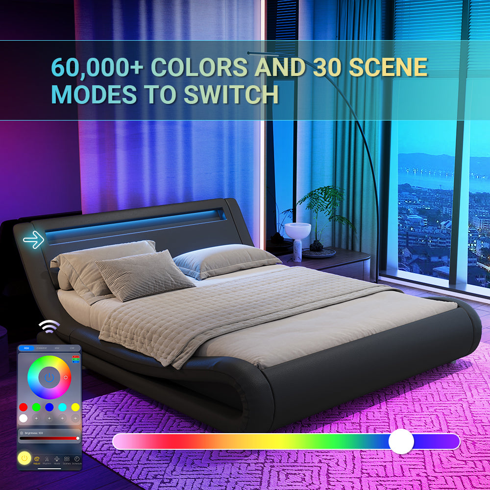 Sifurni Wave-Like Curve Deluxe Upholstered Modern Bed Frame with LED Headboard