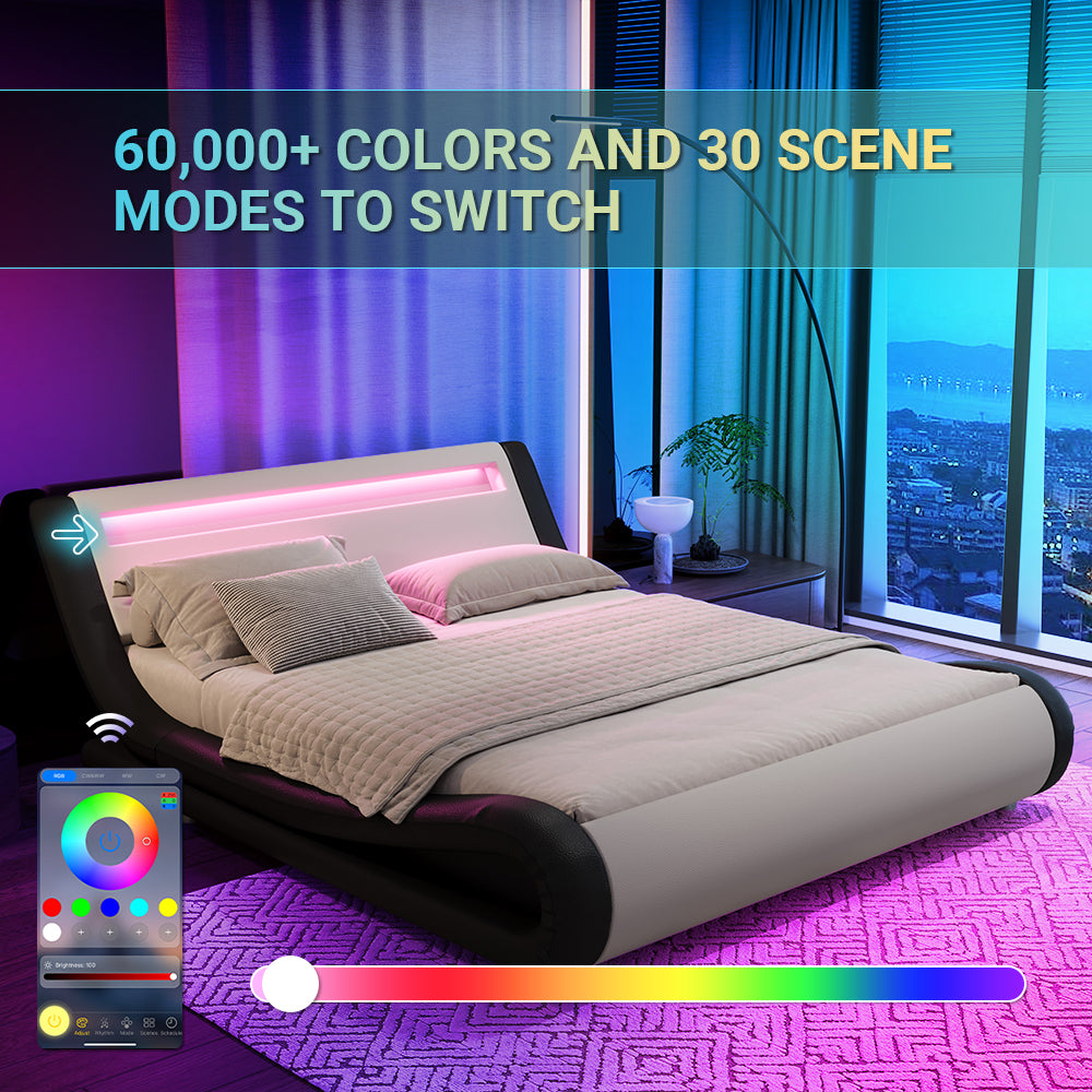 Sifurni Wave-Like Curve Deluxe Upholstered Modern Bed Frame with LED Headboard