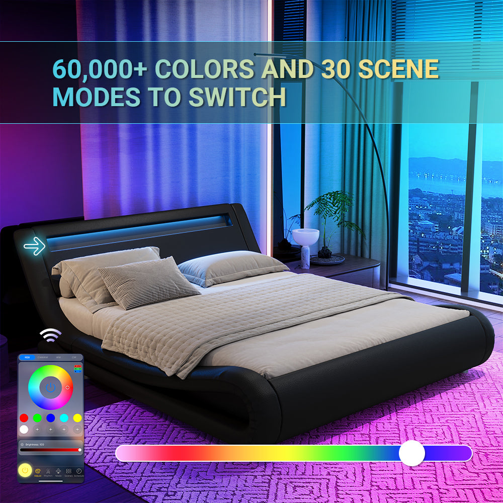 Sifurni Wave-Like Curve Deluxe Upholstered Modern Bed Frame with LED Headboard