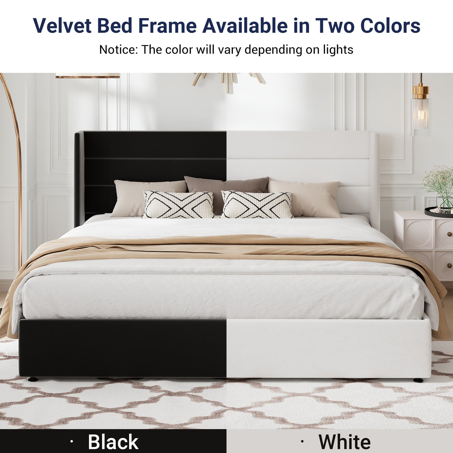 Sifurni Velvet Lift up Hydraulic Storage Platform Bed Frame with Panel Upholstered Wingback Headboard