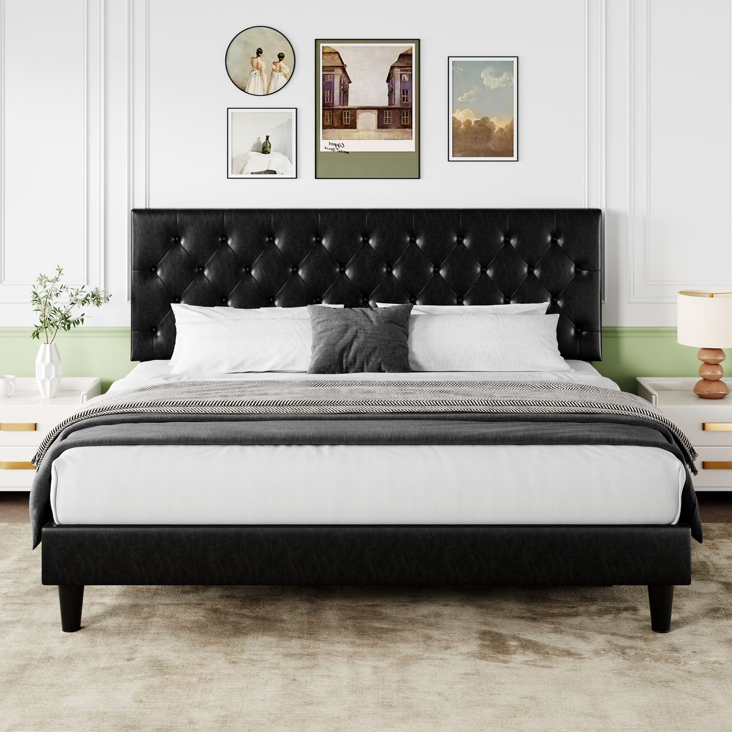 Sifurni Faux Leather Upholstered Platform Bed Frame with Adjustable Diamond-Tufted Headboard