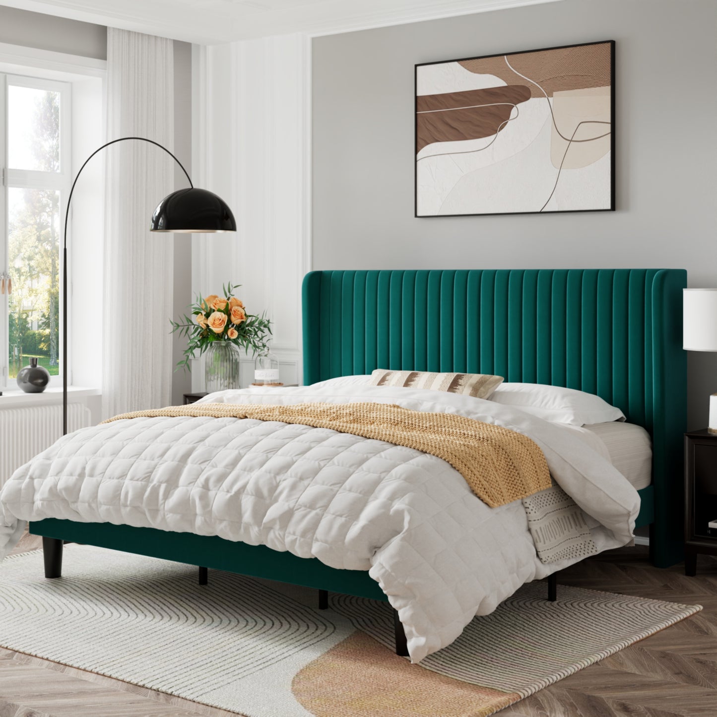 Sifurni Velvet Platform Bed Frame with Vertical Channel Tufted Wingback Headboard