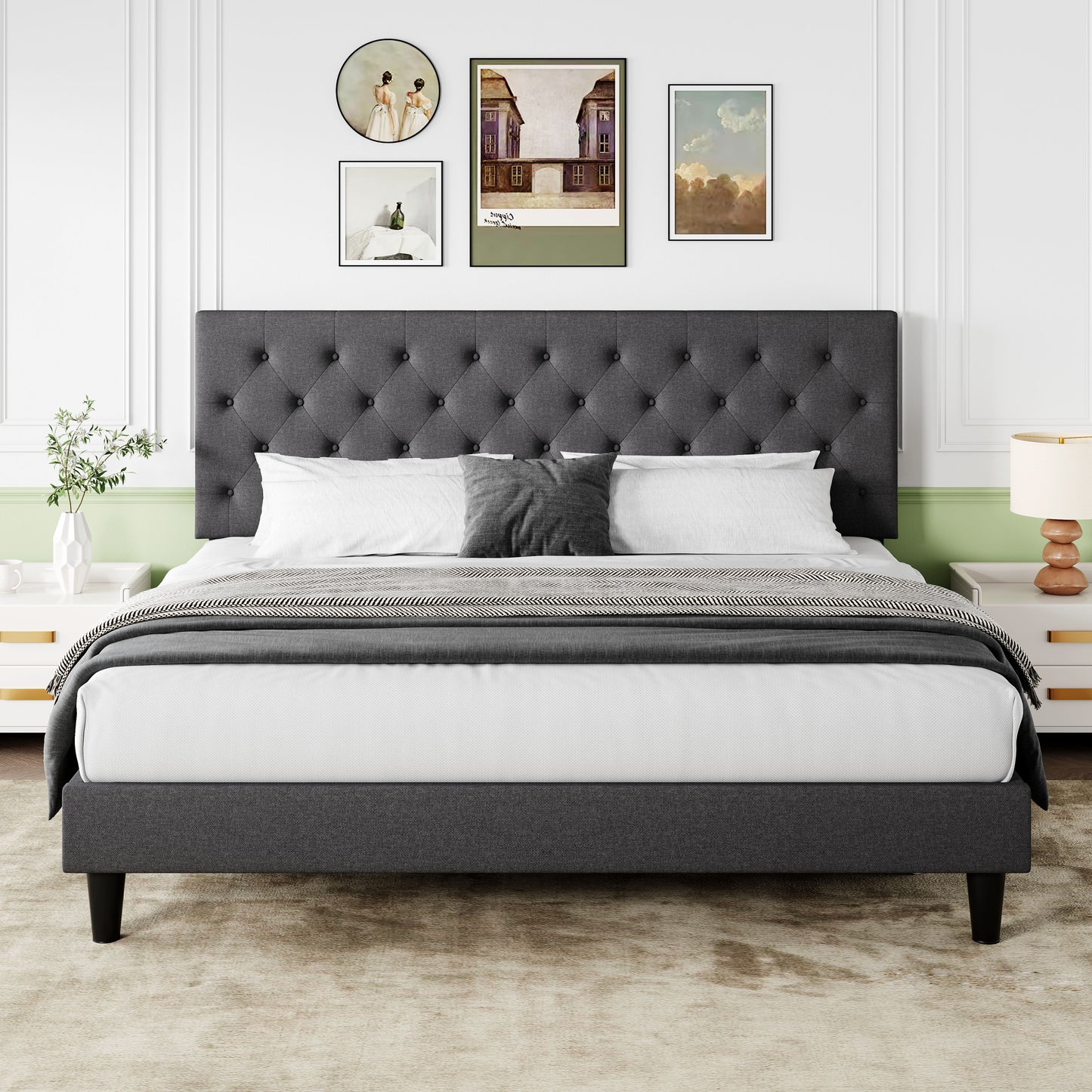 Sifurni Faux Leather Upholstered Platform Bed Frame with Adjustable Diamond-Tufted Headboard