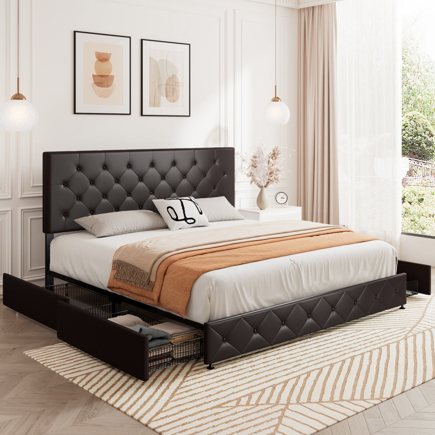 Sifurni Faux Leather Upholstered Platform Bed Frame with 4 Drawers, Adjustable Headboard