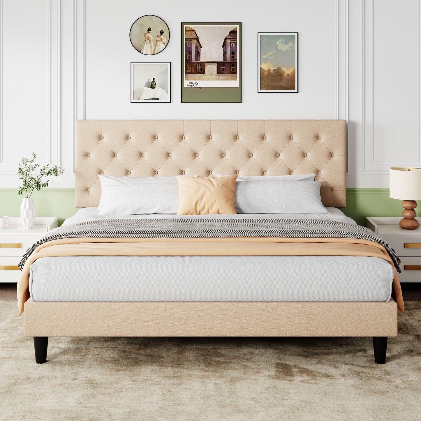 Sifurni Faux Leather Upholstered Platform Bed Frame with Adjustable Diamond-Tufted Headboard