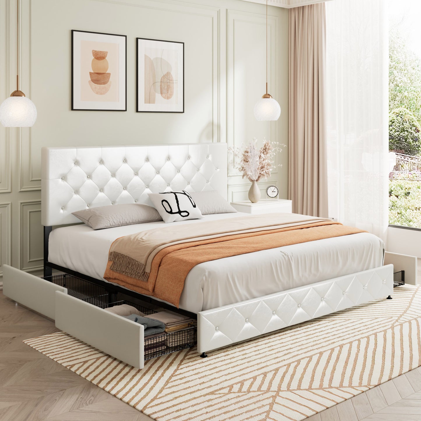 Sifurni Faux Leather Upholstered Platform Bed Frame with 4 Drawers, Adjustable Headboard