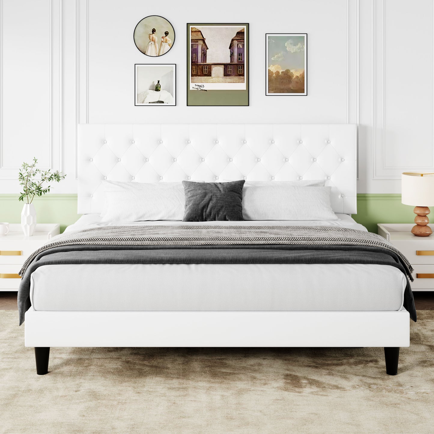 Sifurni Faux Leather Upholstered Platform Bed Frame with Adjustable Diamond-Tufted Headboard