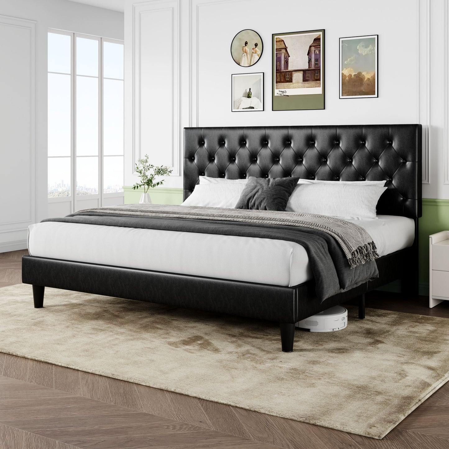 Sifurni Faux Leather Upholstered Platform Bed Frame with Adjustable Diamond-Tufted Headboard