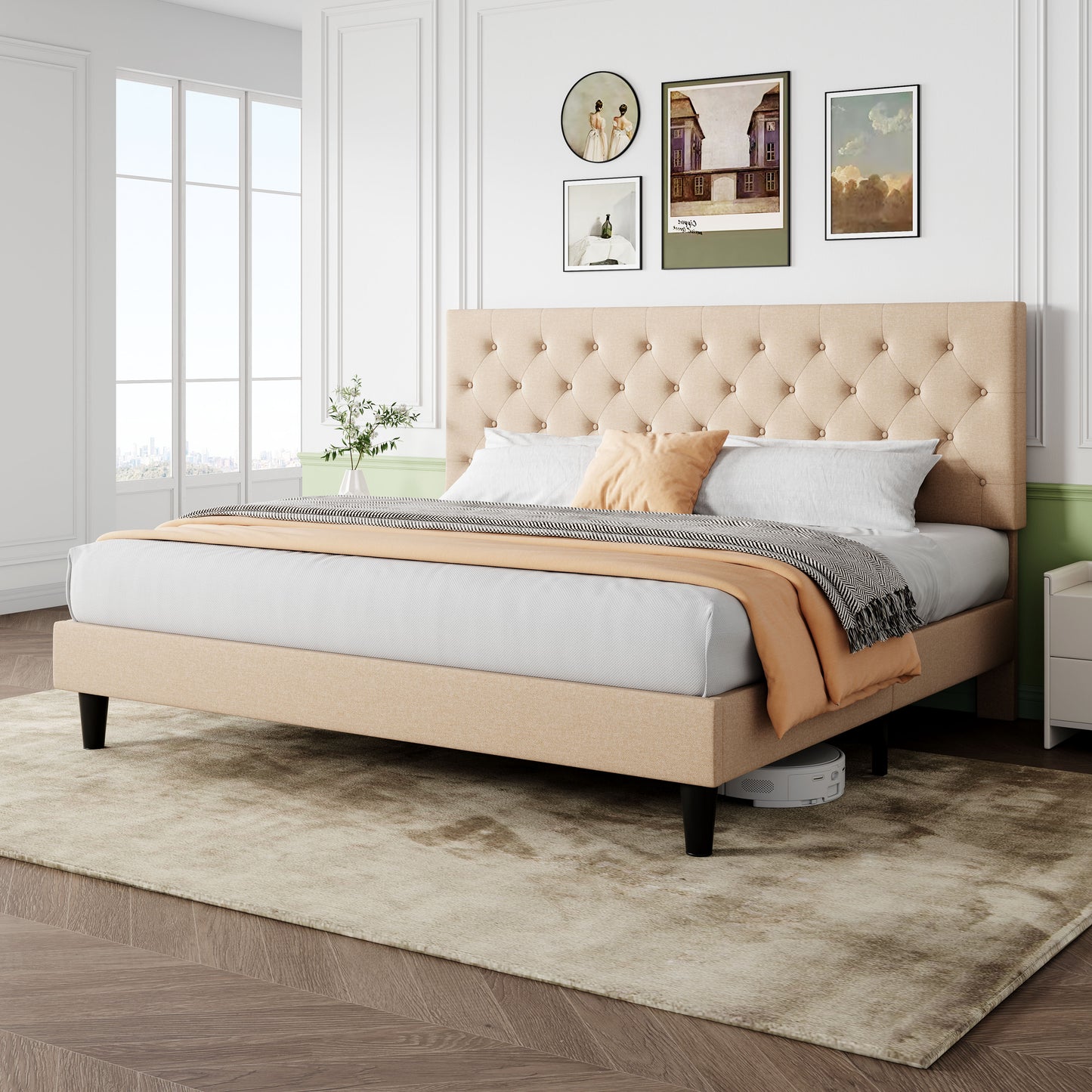 Sifurni Faux Leather Upholstered Platform Bed Frame with Adjustable Diamond-Tufted Headboard