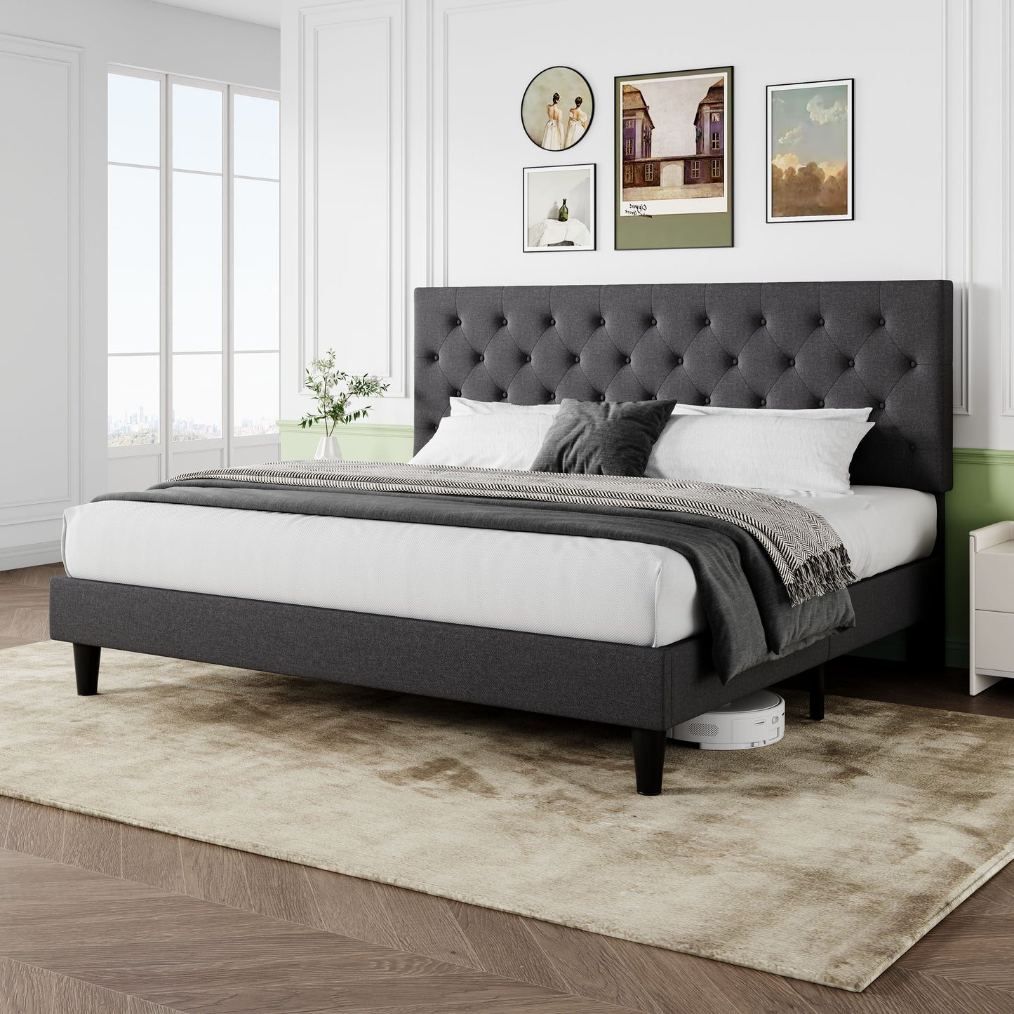 Sifurni Faux Leather Upholstered Platform Bed Frame with Adjustable Diamond-Tufted Headboard