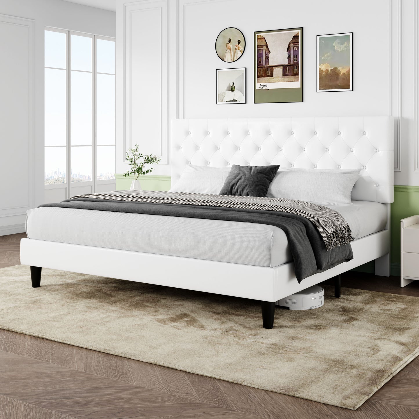 Sifurni Faux Leather Upholstered Platform Bed Frame with Adjustable Diamond-Tufted Headboard