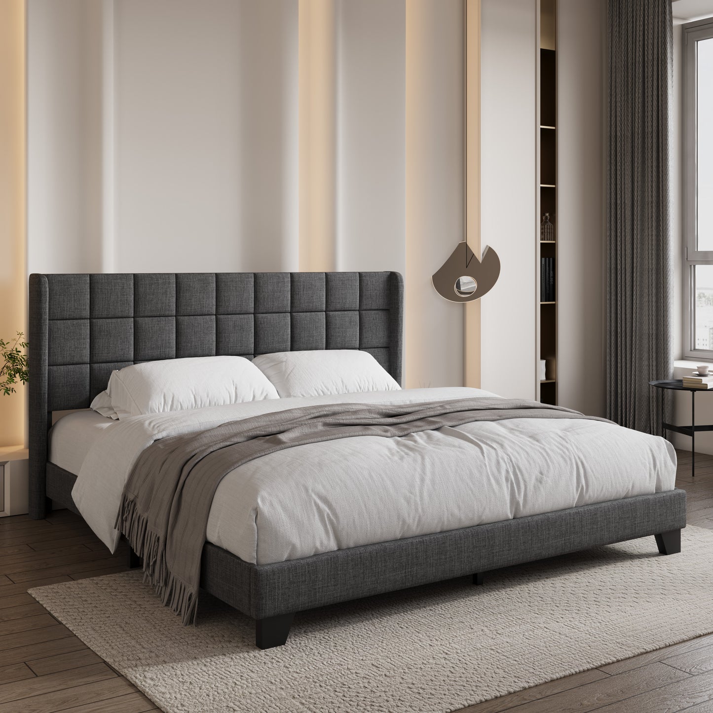 Sifurni Platform Bed Frame with Wingback Fabric Upholstered Square Stitched Headboard and Wooden Slats,