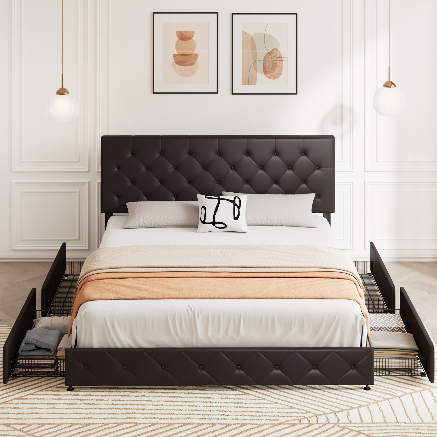 Sifurni Faux Leather Upholstered Platform Bed Frame with 4 Drawers, Adjustable Headboard