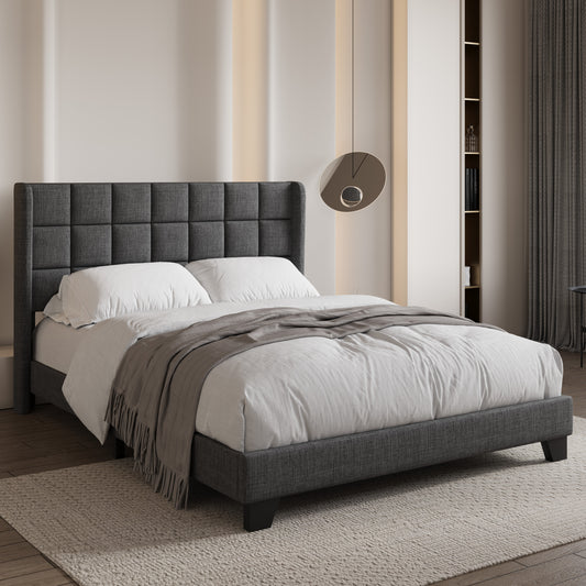 Sifurni Platform Bed Frame with Wingback Fabric Upholstered Square Stitched Headboard and Wooden Slats,