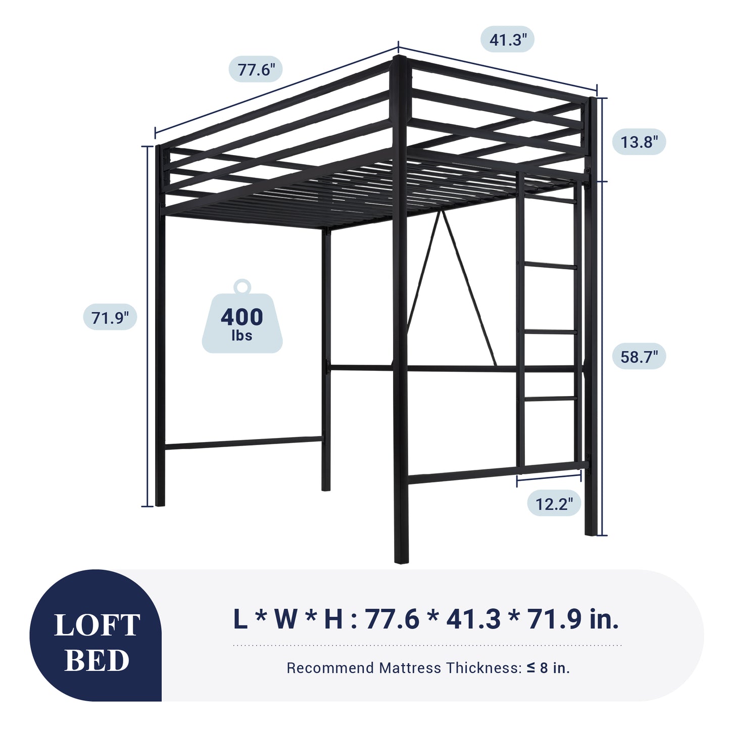 Sifurni Heavy Duty Twin Size Metal Loft Bed with Full-Length Guardrail & Removable Stairs