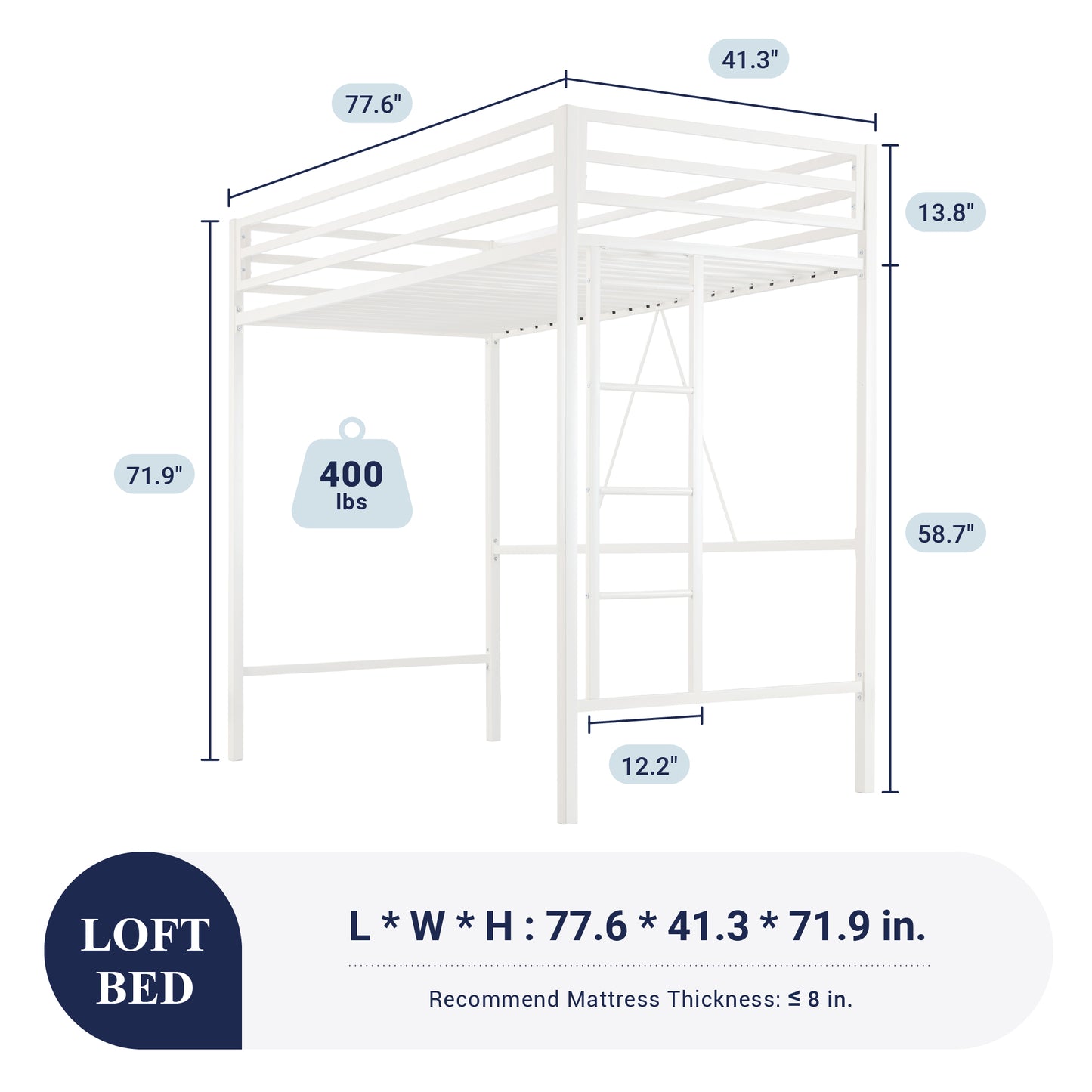 Sifurni Heavy Duty Twin Size Metal Loft Bed with Full-Length Guardrail & Removable Stairs