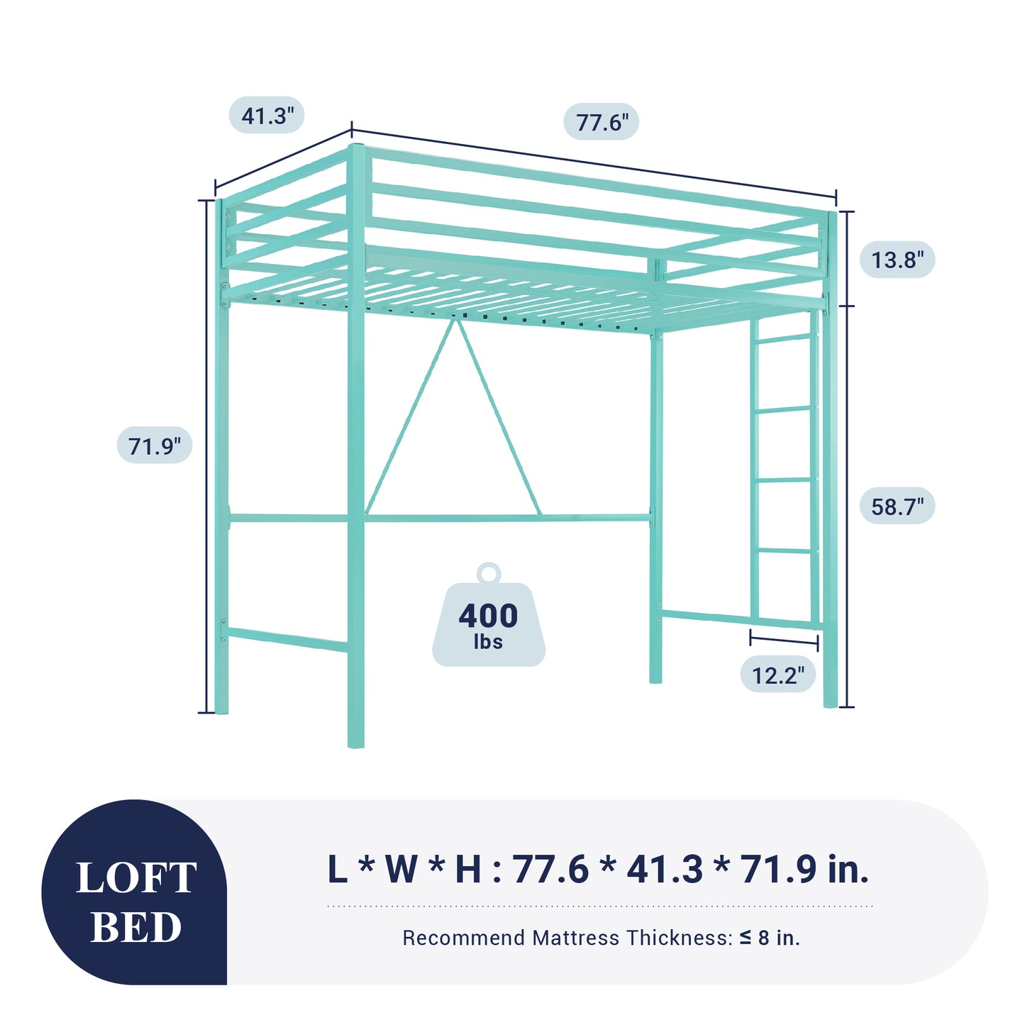 Sifurni Heavy Duty Twin Size Metal Loft Bed with Full-Length Guardrail & Removable Stairs