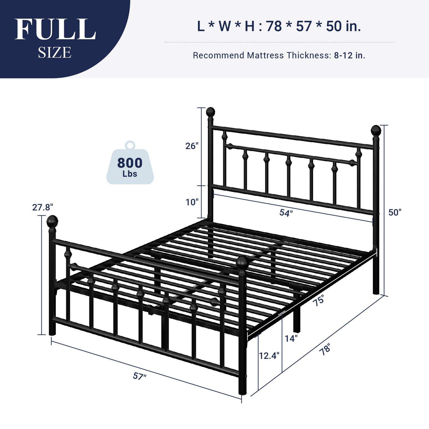 Sifurni Metal Platform Bed Frame with Victorian Vintage Headboard&Footboard, 12.4" Under-bed Storage, No Box Spring Needed