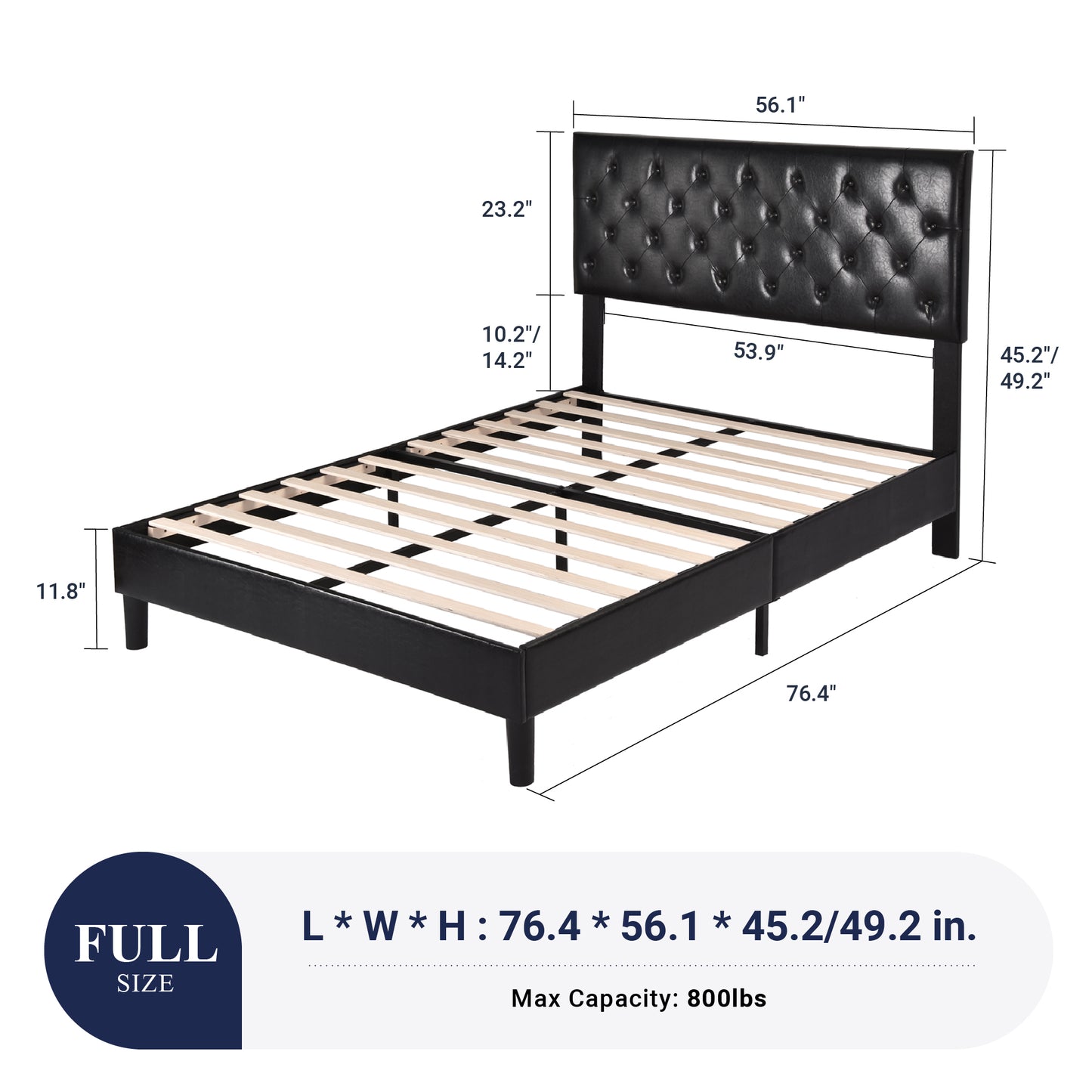 Sifurni Faux Leather Upholstered Platform Bed Frame with Adjustable Diamond-Tufted Headboard